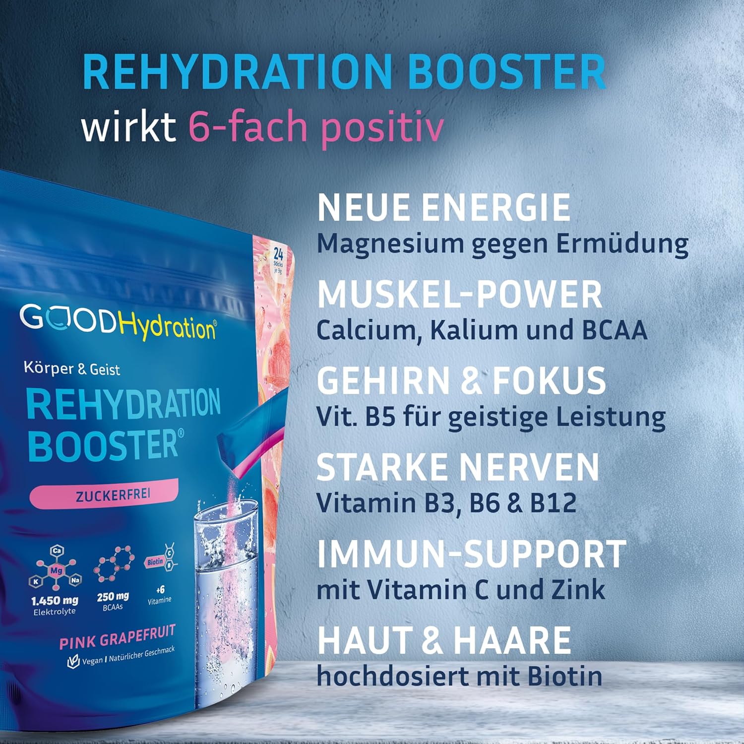 Detalle de GOOD Hydration® Rehydration Booster Grapefruit Elektrolyt-Pulver (1.450 mg) ohne Zucker – 24 Sticks