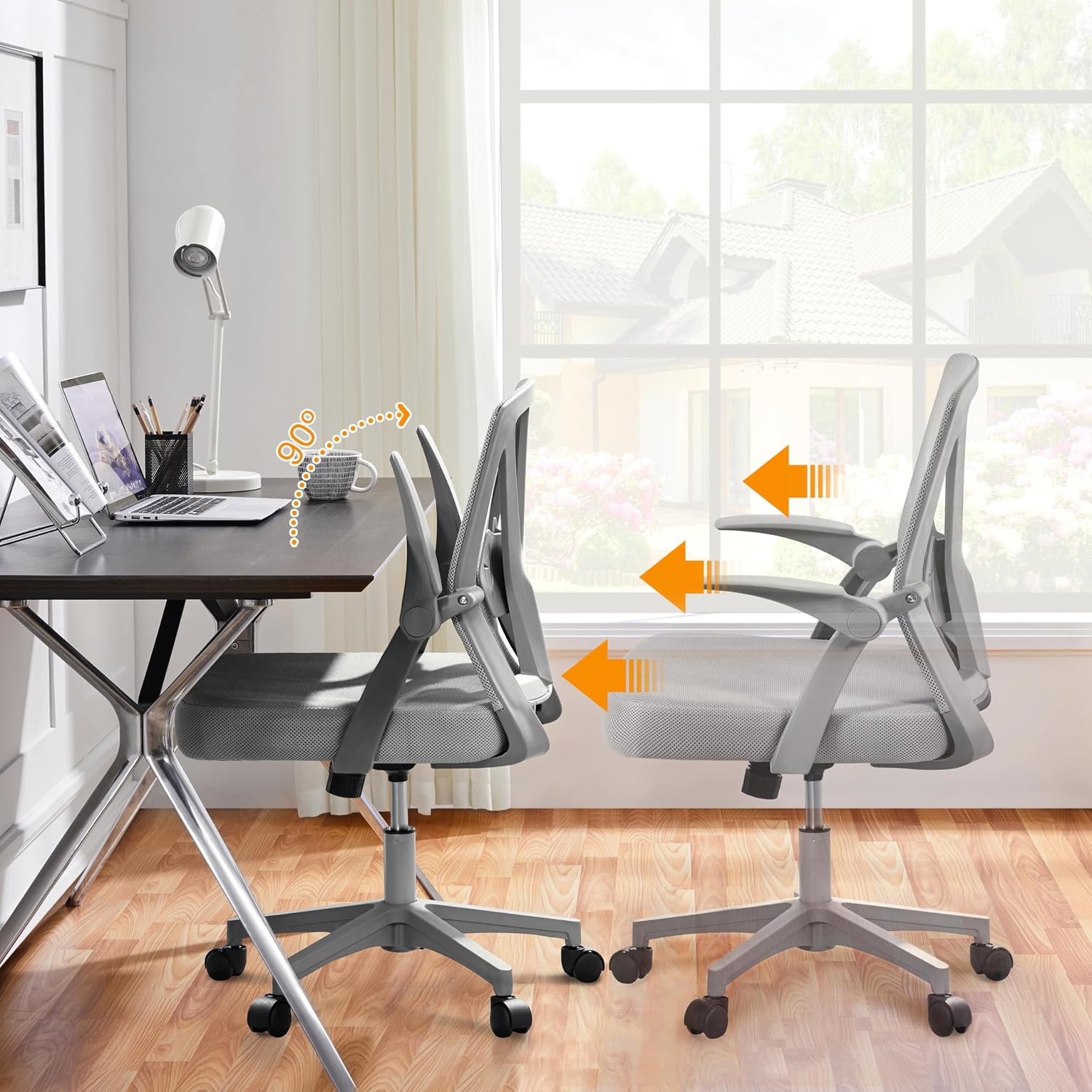 Detalle de Yaheetech sedia da ufficio ergonomica con braccioli reversibili e schienale in rete, supporto lombare regolabile, grigia
