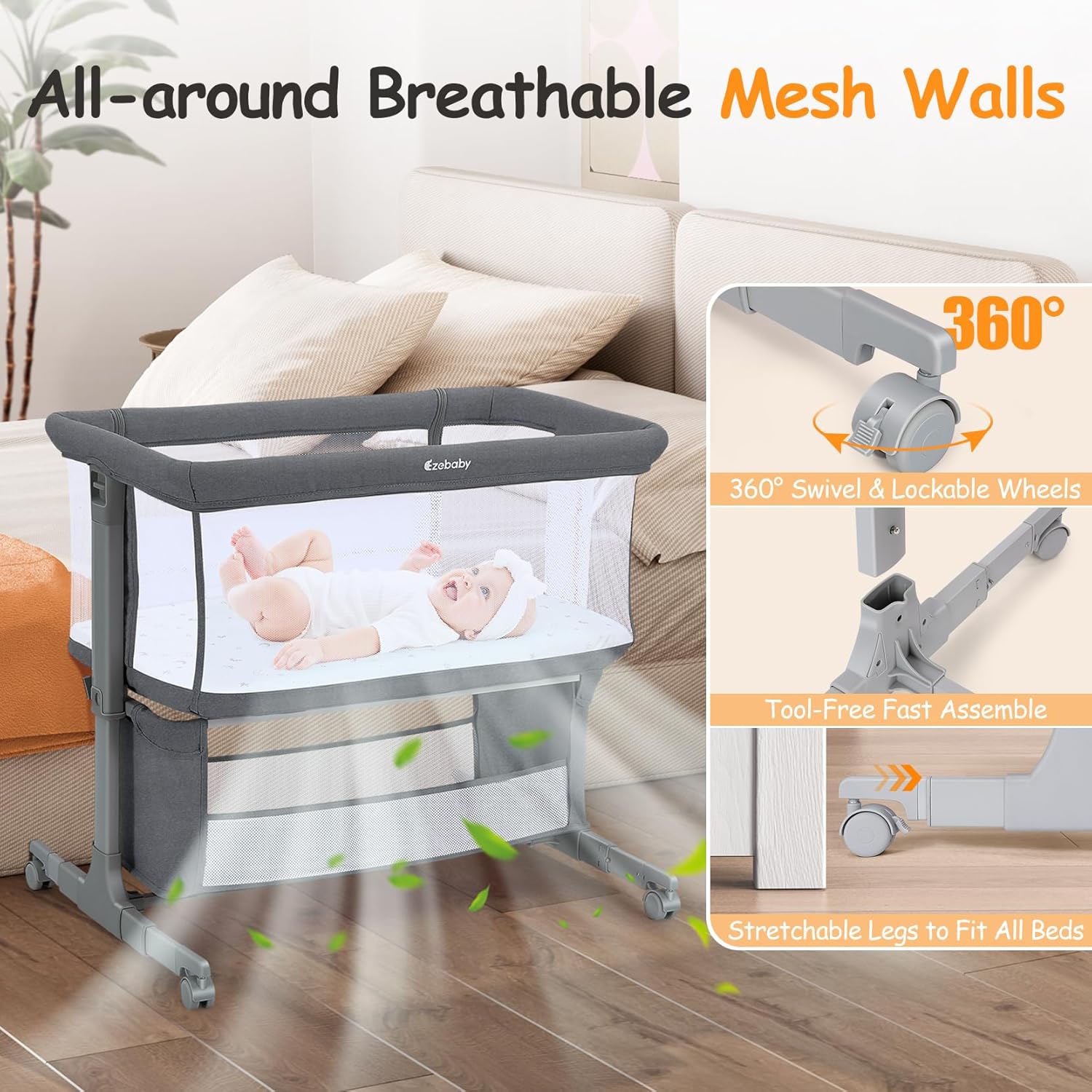 Detalle de Ezebaby Bedside Bassinet with 7 Height Positions