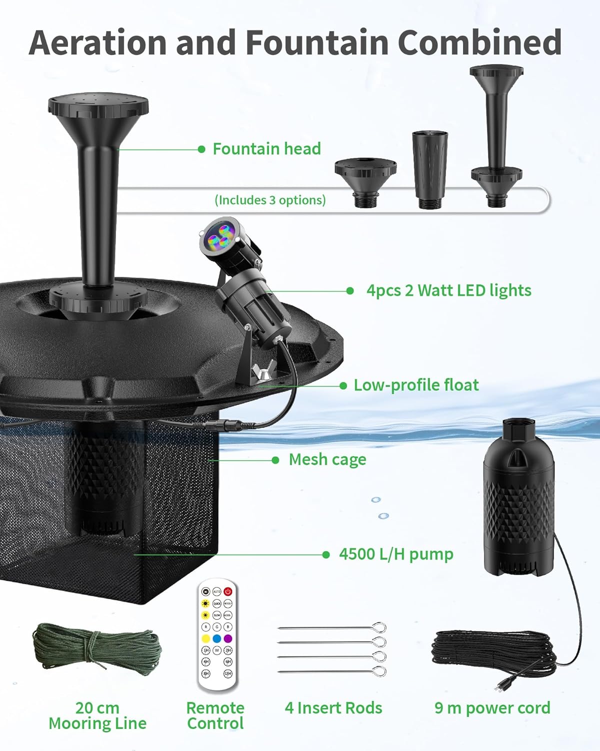 Thumbnail 4 de POPOSOAP Floating Pond Fountain & Aerator Complete Kit with LED Lights