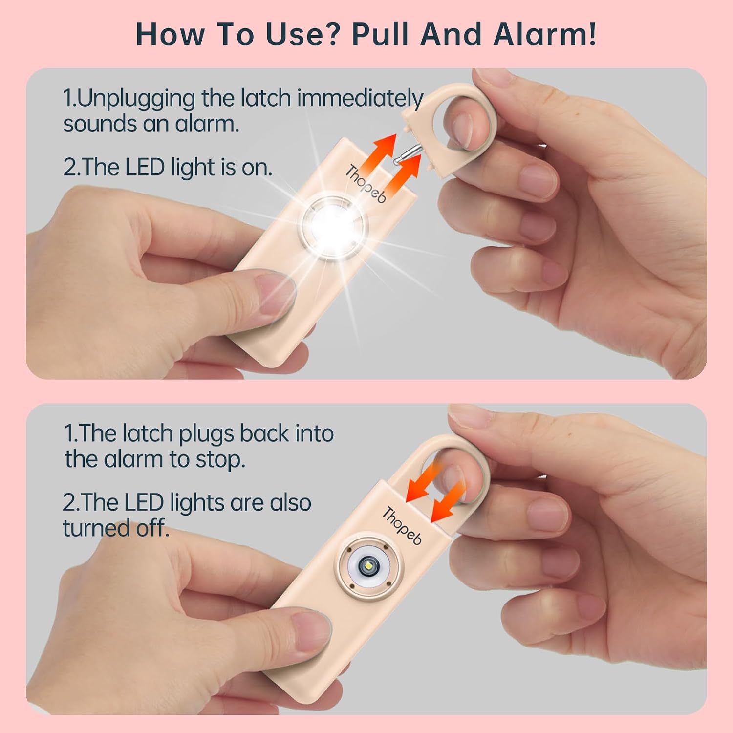 Detalle 2 de Thopeb Personal Alarm Schlüsselanhänger für Frauen – extra laute Sirene & Stroboskoplicht