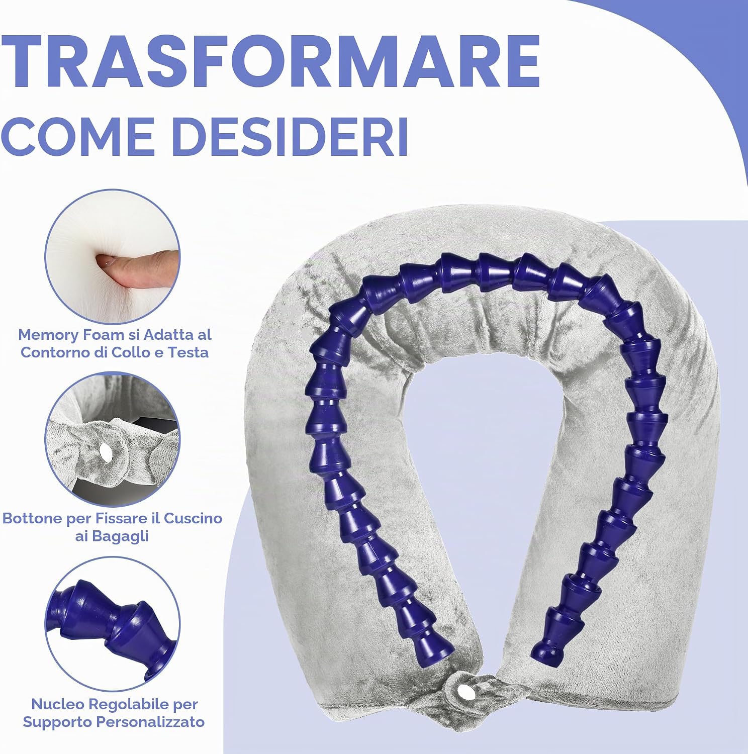 Detalle 2 de BAVATEE Cuscino da Viaggio Memory Foam Regolabile – Comfort Cervicale per Aereo, Treno e Auto