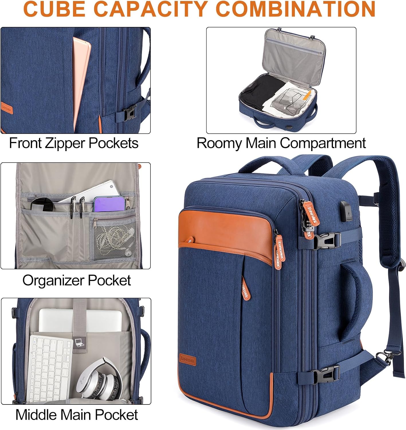 Detalle de Lumesner Carry on Backpack 40L: Extra Large, Expandable Travel Backpack for Flight & Day Trips