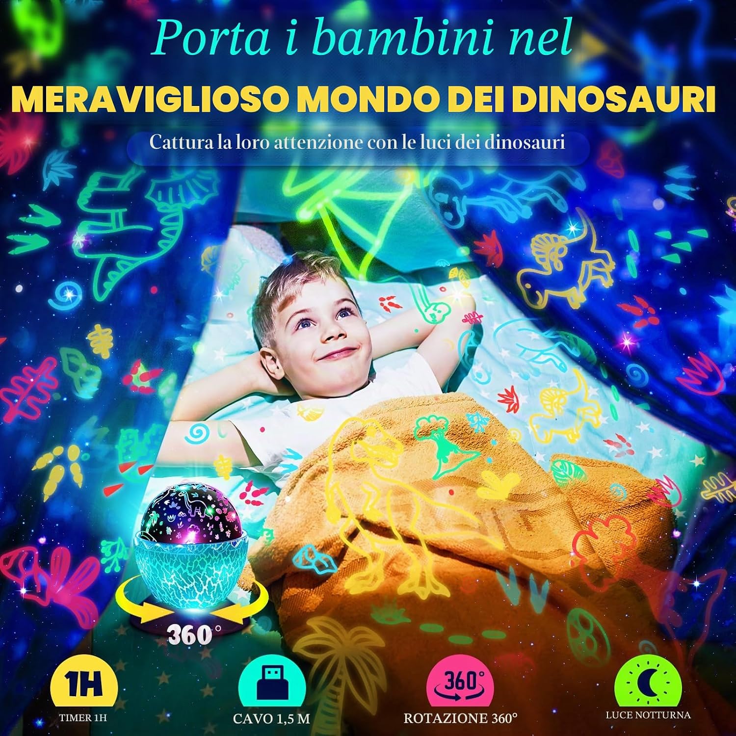 Detalle de iKidiki Regalo Bambino 2-8 Anni: dinosauro con luce notturna e proiettore di stelle
