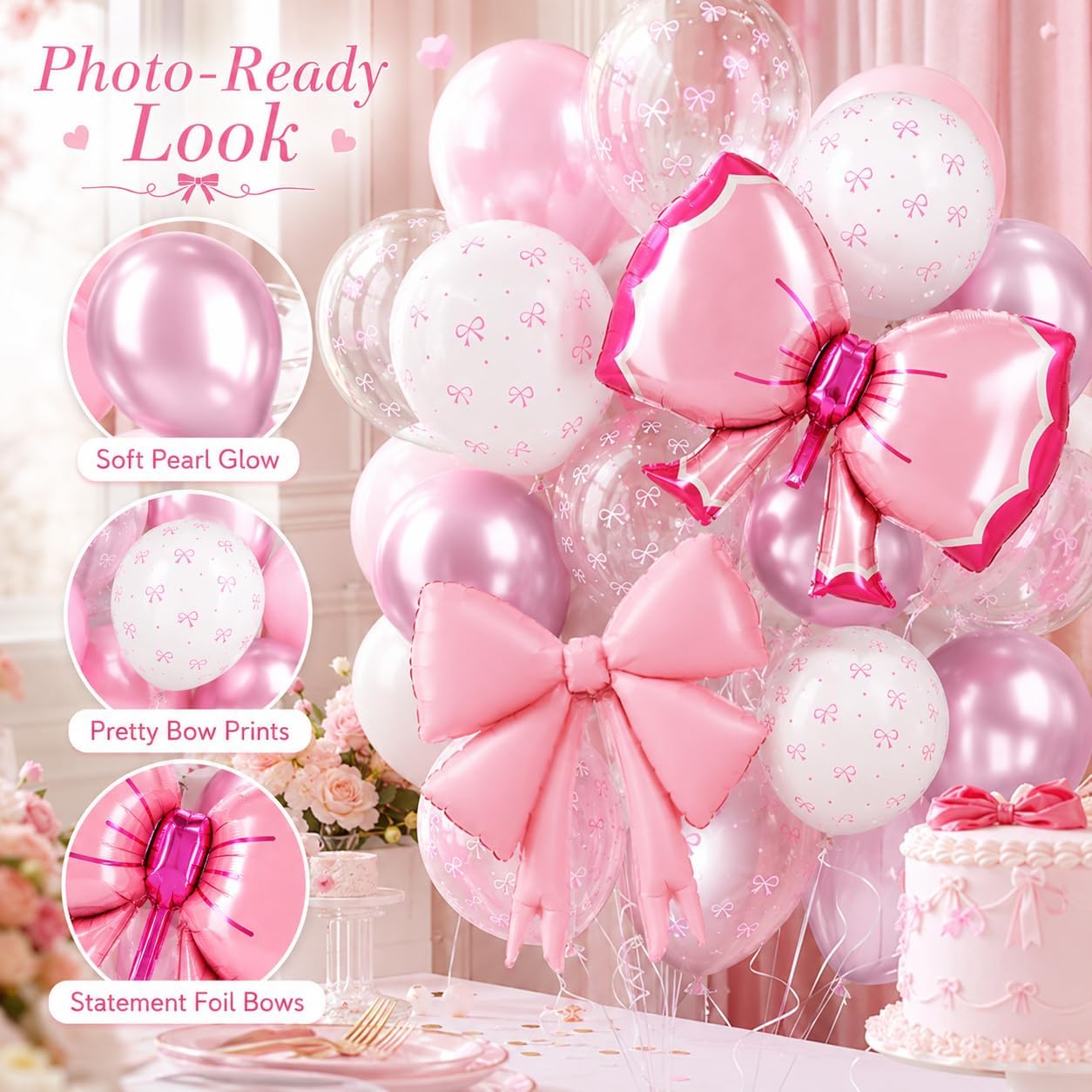 Detalle de Bow Balloons 35-Piece Light Baby Pink, White & Clear Pastel Balloon Set with Bow Foil Balloon and Ribbon