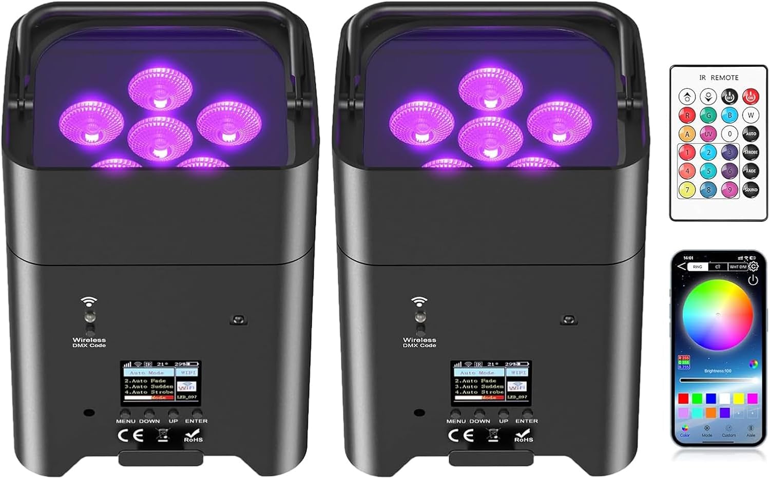 Detalle de ZEMOJ ZQ01528 Rechargeable 6-in-1 RGBWAUV LED Stage Uplights, 2-Pack