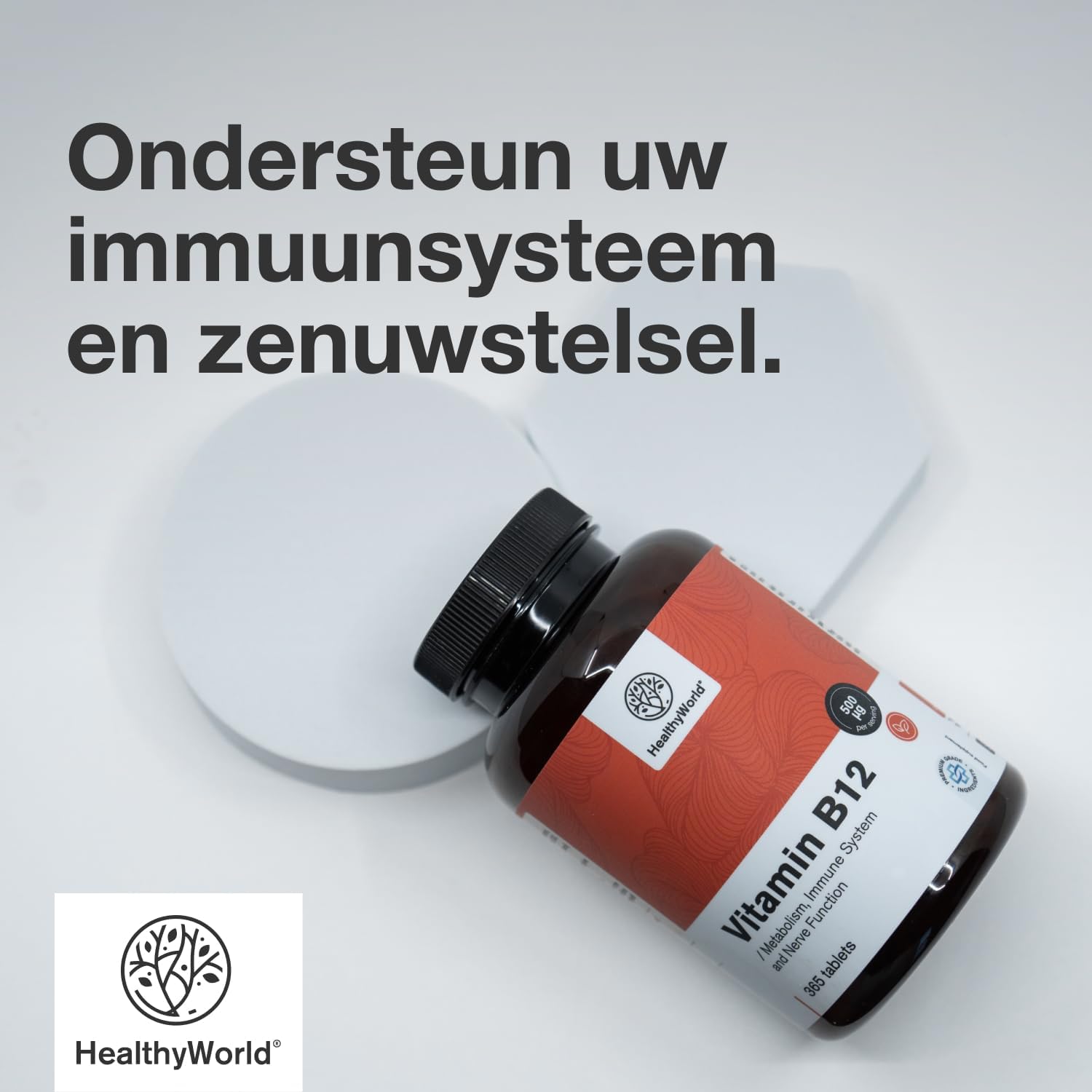 Detalle de HealthyWorld Vitamine B12 500 µg methylcobalamine, 365 tabletten