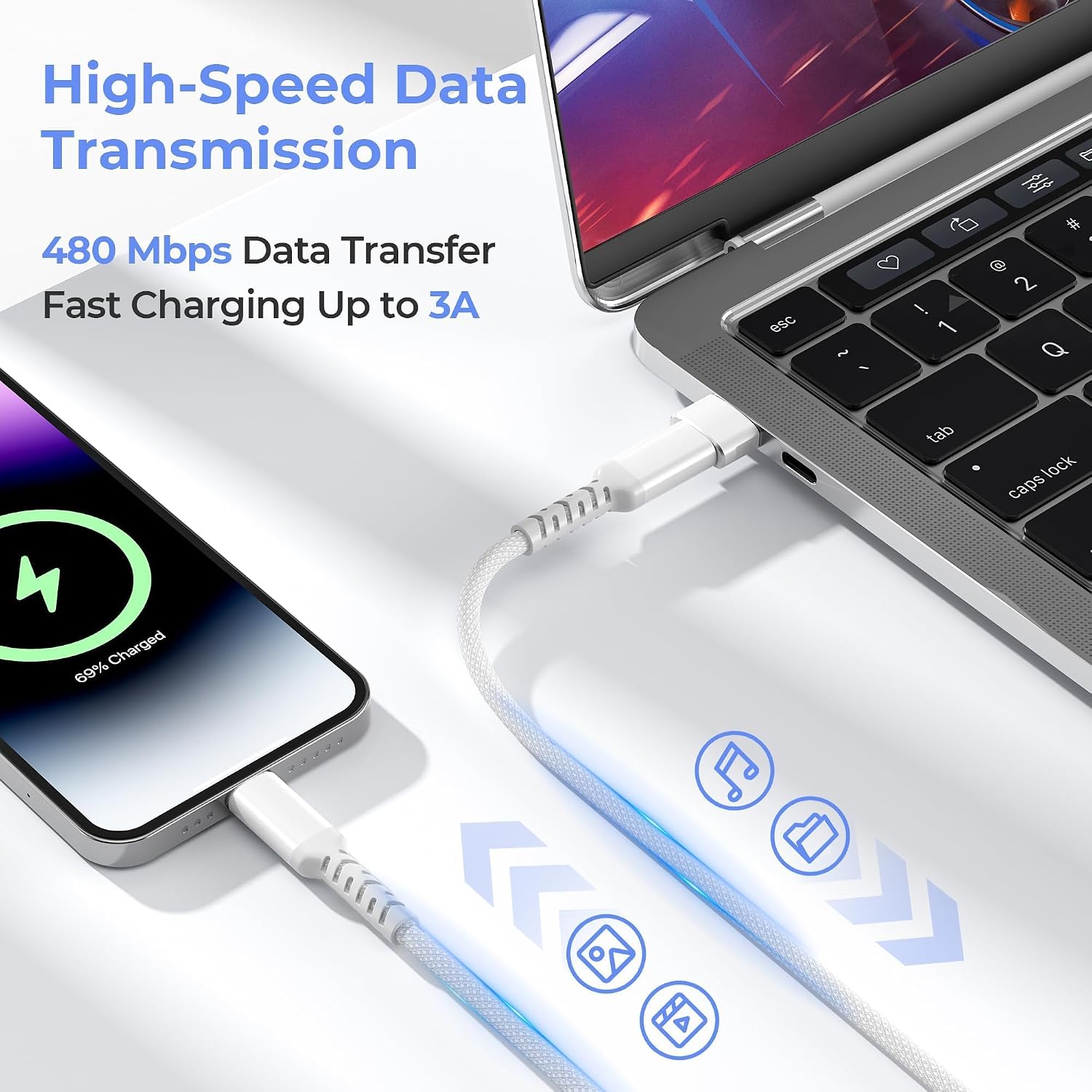 Detalle de Elebase USB-C to Lightning Cable with USB-A Adapter for iPhone and iPad (3m, 10ft) – PD Fast Charge & Data