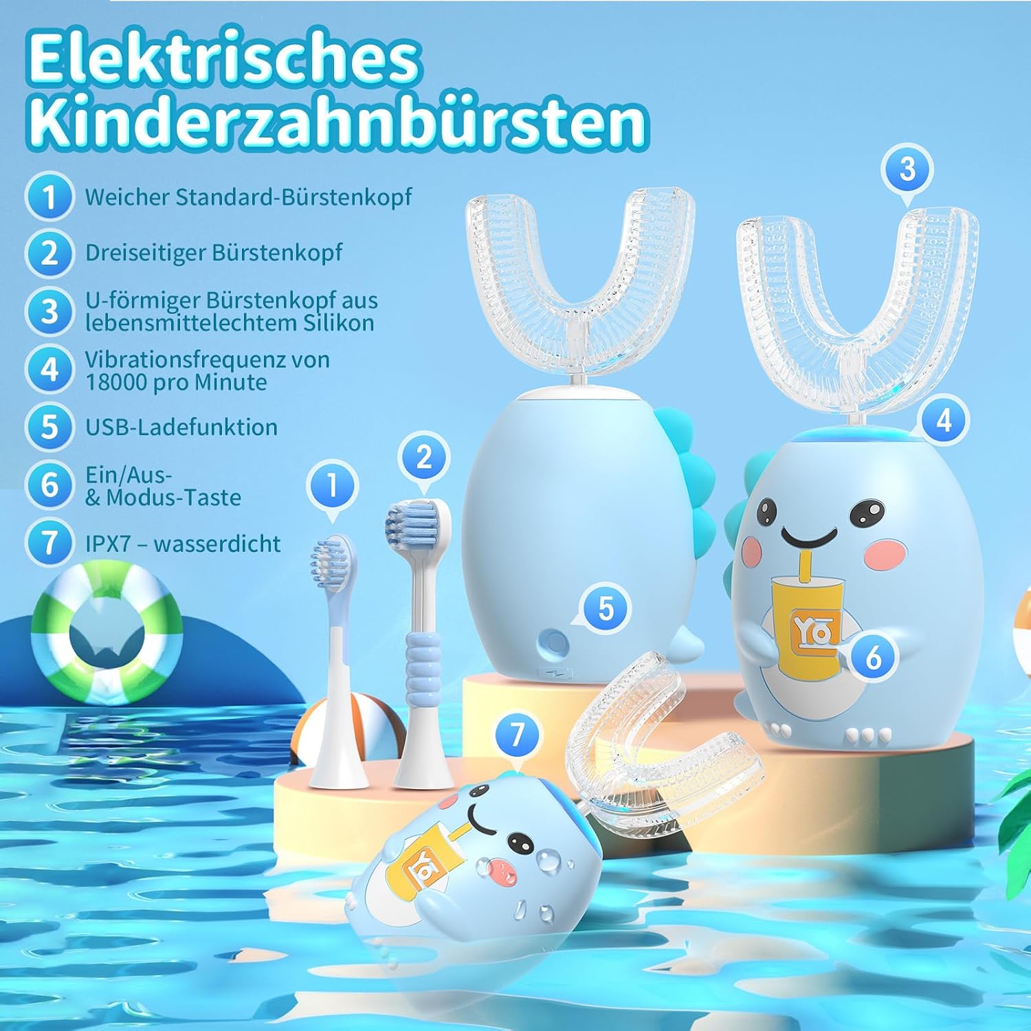 Detalle de Elektrische Zahnbürste für Kinder – U-förmige Bürstenköpfe, Dino-Design, 5 Reinigungsmodi, IPX7
