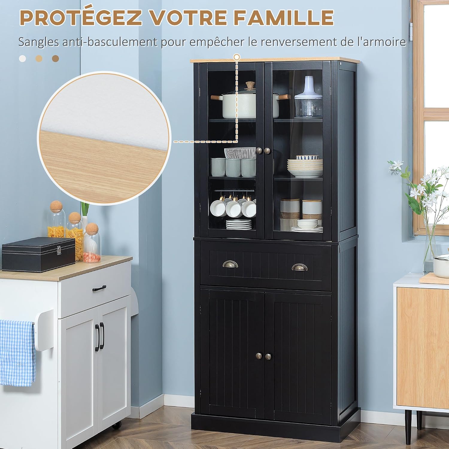 Thumbnail 6 de HOMCOM Buffet de cuisine noir avec 4 portes dont 2 vitrées et tiroir, 182,5 cm de hauteur