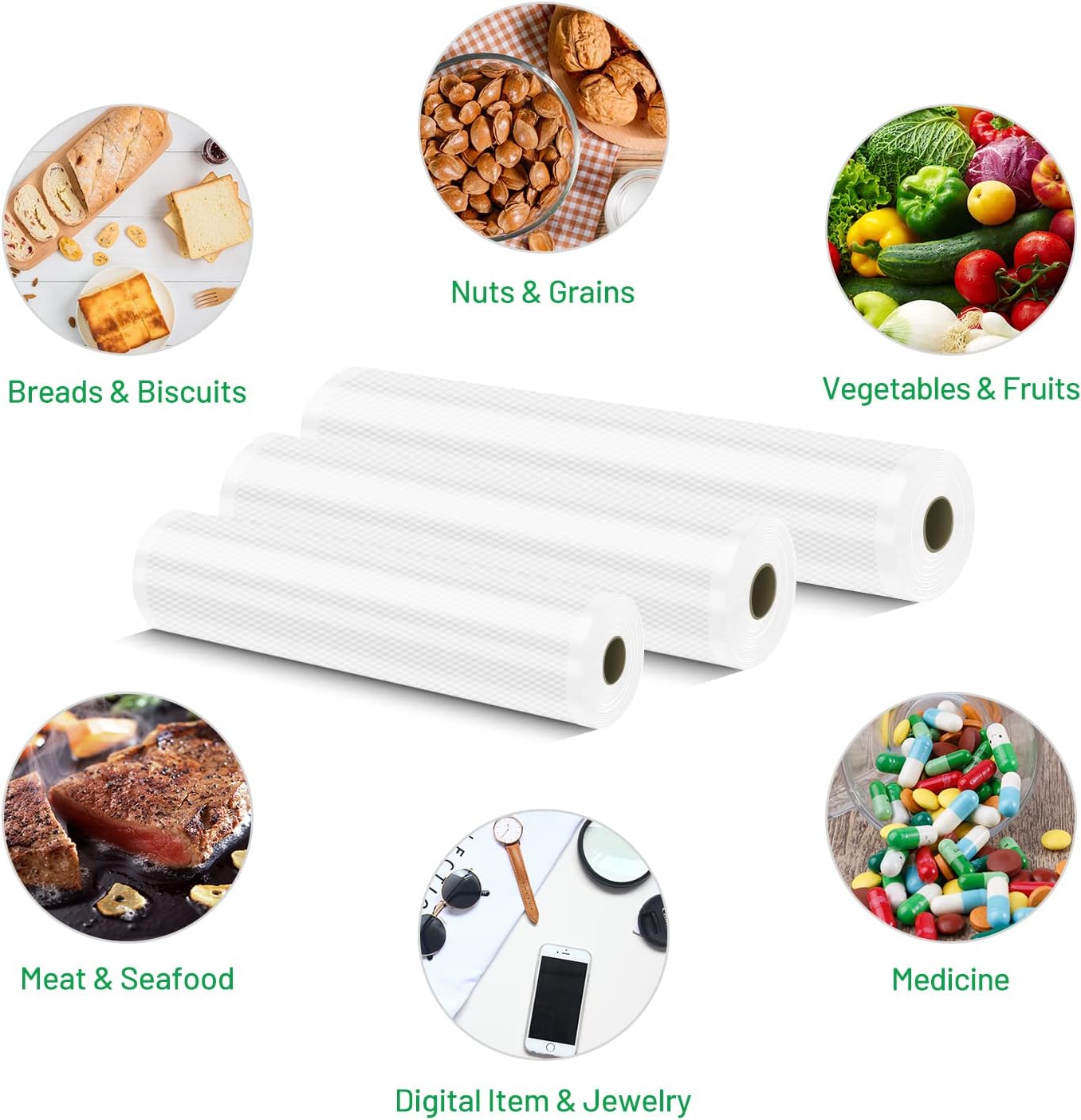 Detalle de Sacchetti sottovuoto per alimenti 3 rotoli 20/25/28×300 cm (senza BPA) per macchina sottovuoto e sous vide