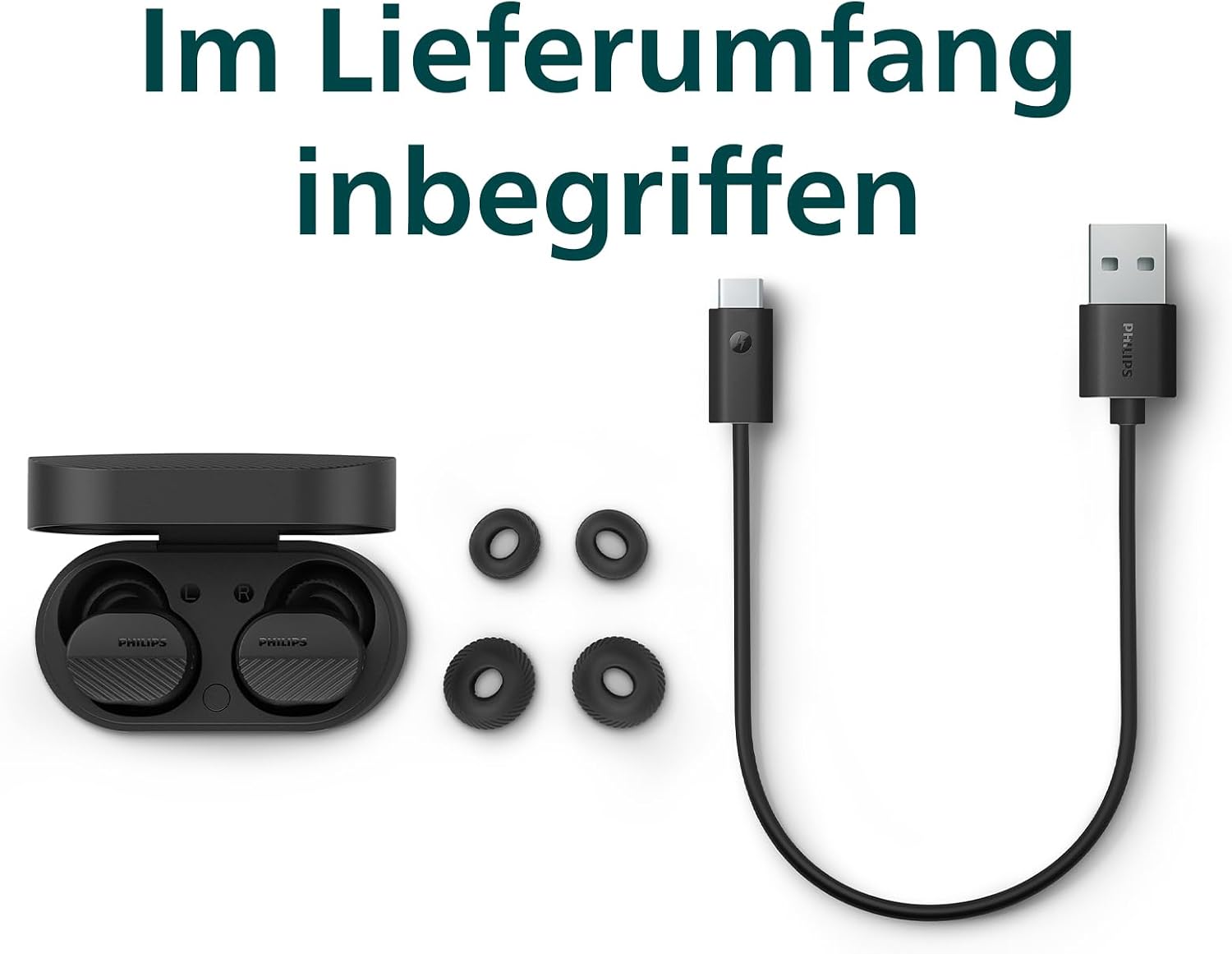 Detalle de Philips TAT5000BK True Wireless In-Ear-Bluetooth-Kopfhörer – dynamischer Bass, 40 Std. Spielzeit, IPX5, klare Anrufe