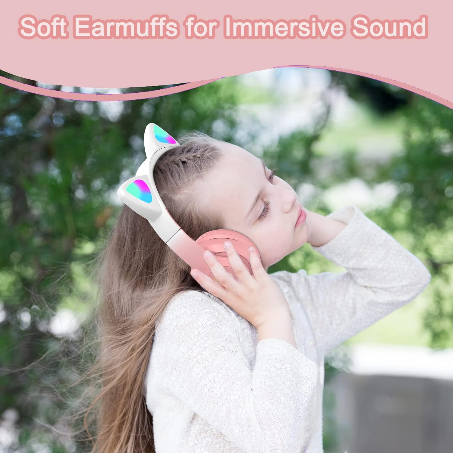 Detalle 2 de TOKANI Kids Headphones Bluetooth with Cat Ear LEDs (Pink Pro)