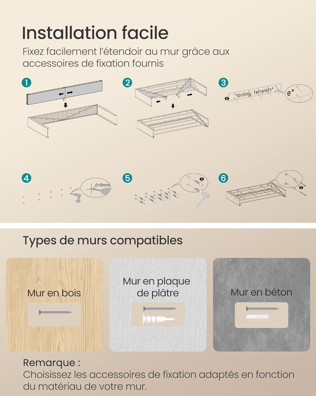 Thumbnail 5 de SONGMICS Étendoir à Linge Mural Rabattable 5 Barres 80 cm – gain de place, aluminium, intérieur et extérieur
