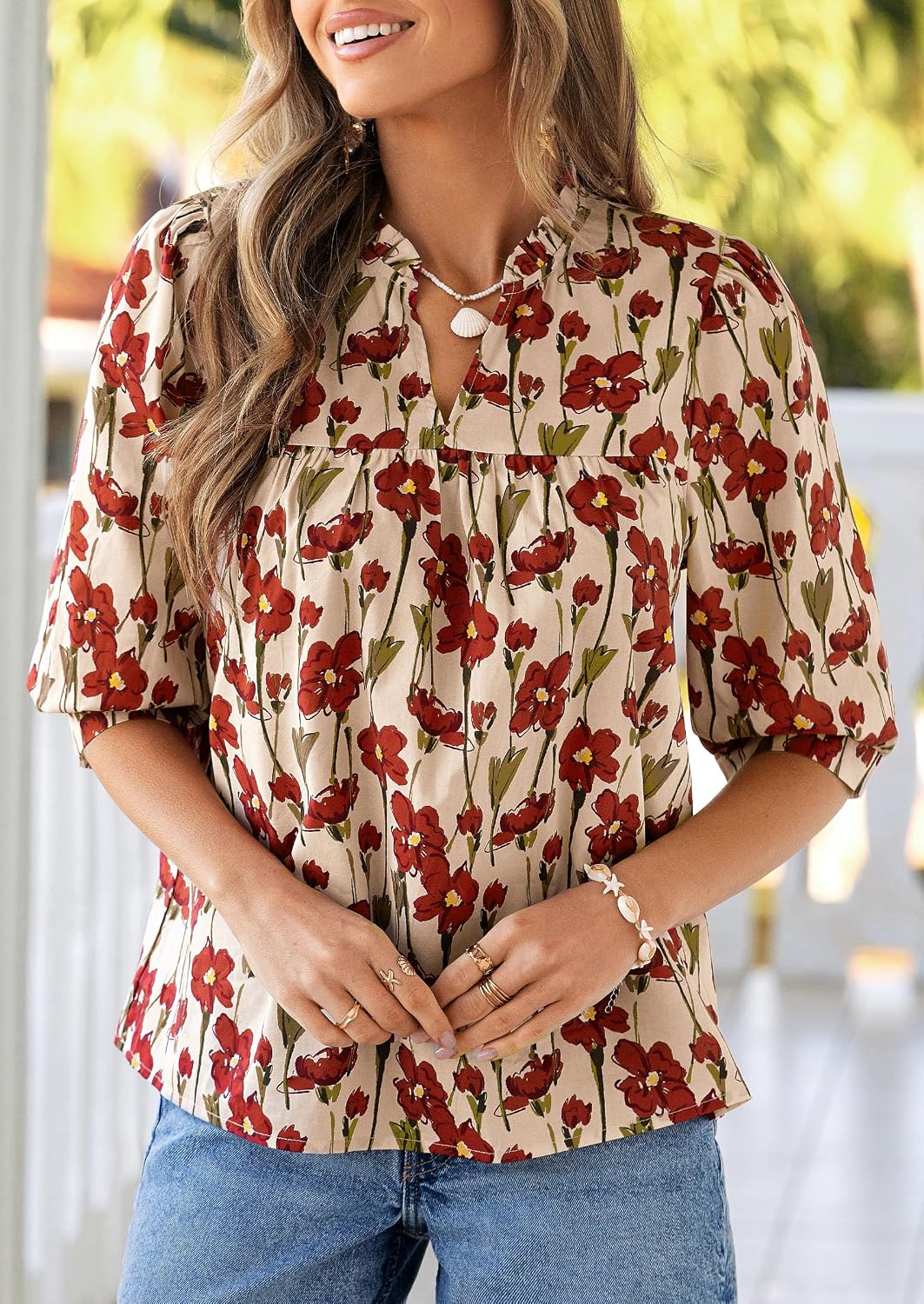 Detalle 2 de PRETTYGARDEN Women's 2026 Summer Floral Blouse: Boho-Chic, Dressy-Casual Half Sleeve V-Neck Top