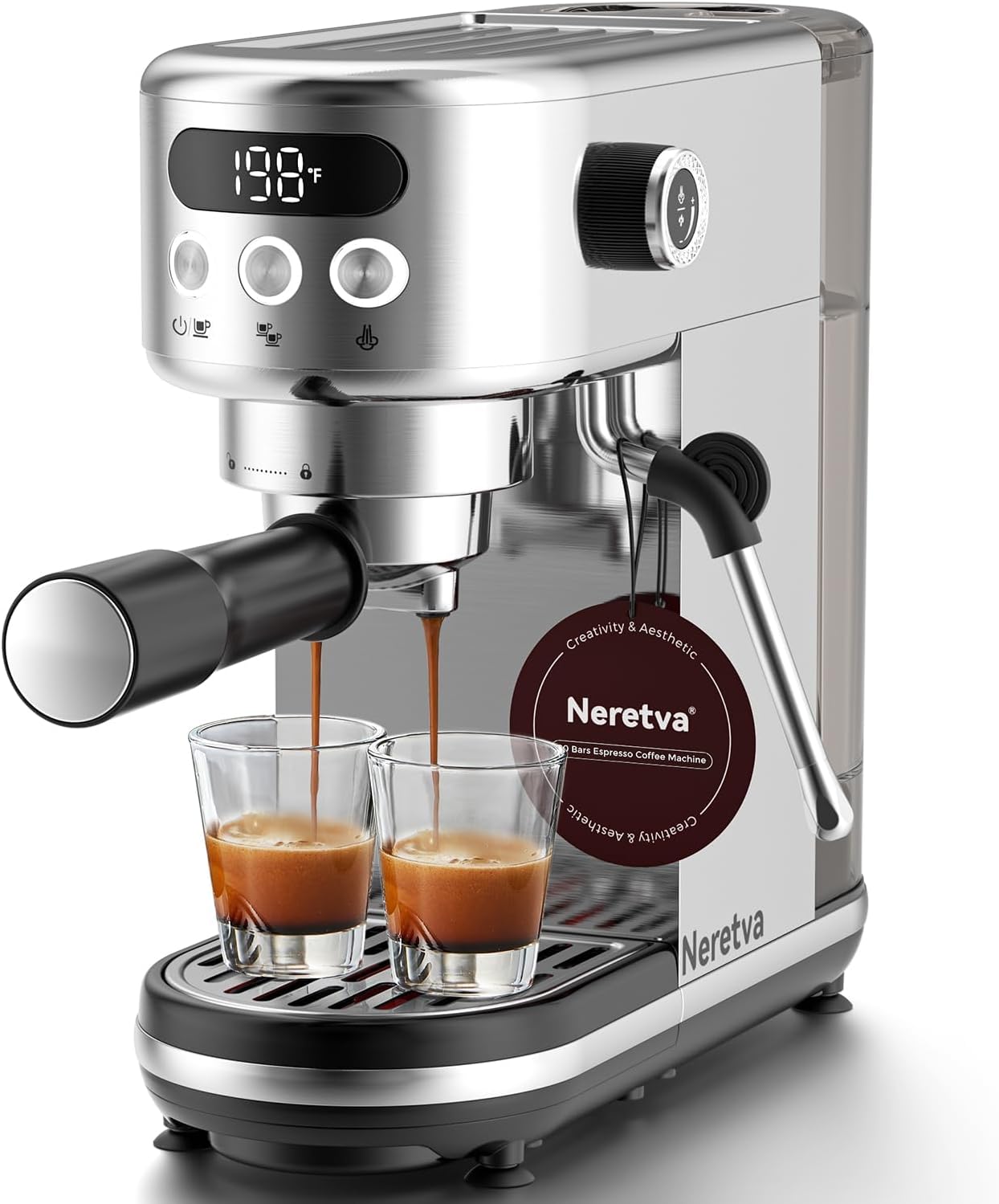 Detalle de Neretva PE3670U Espresso Machine, 20-Bar Pressure, Compact Stainless Steel