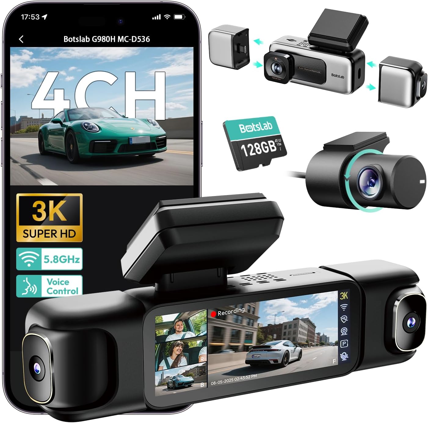 Detalle de BOTSLAB 3K 4 Channel Dash Cam 3.18" Touch Screen