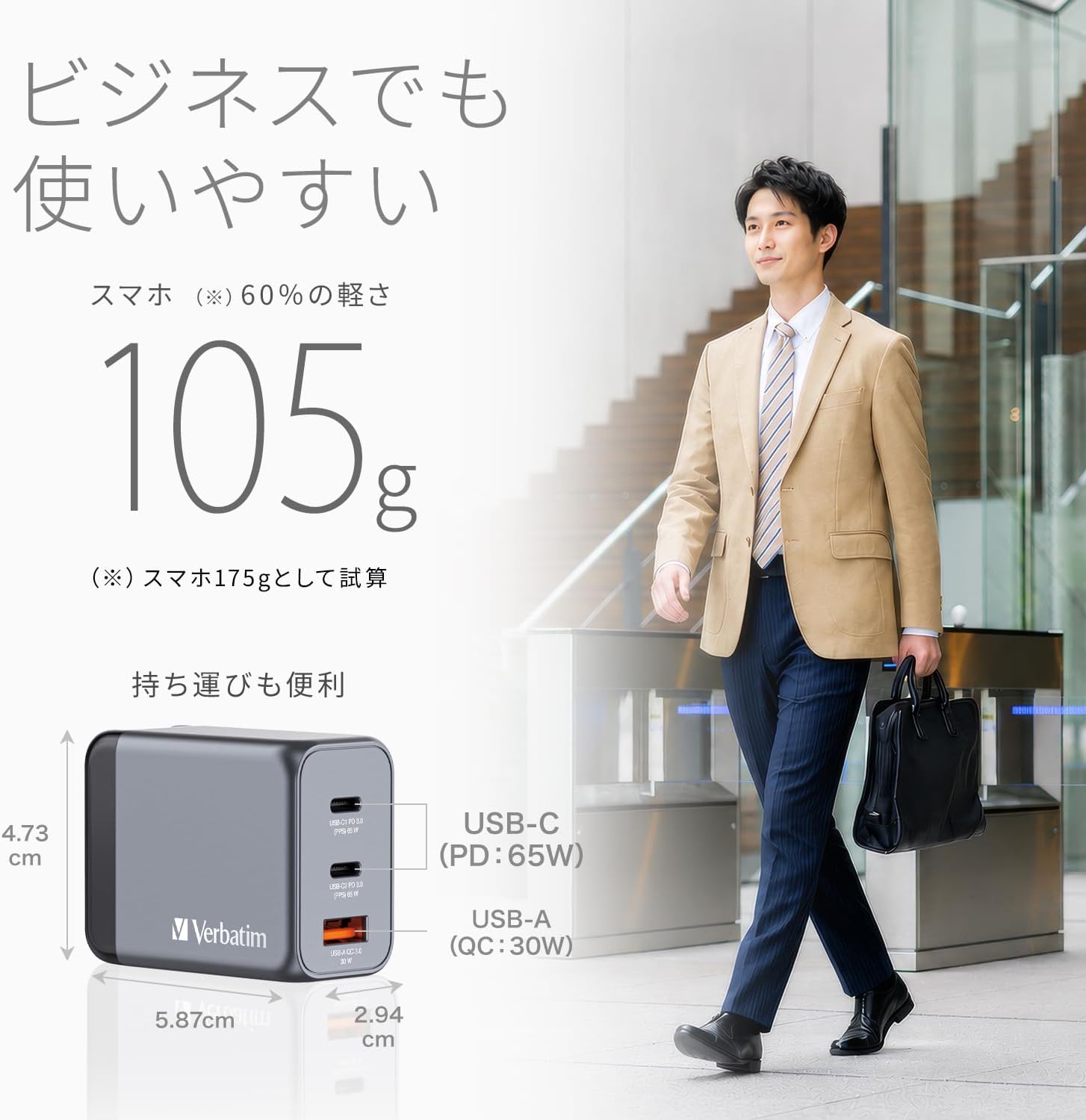 Detalle 2 de Verbatim 32201 GaN充電器 65W・USB-C×2/USB-A×1、海外対応プラグ付き