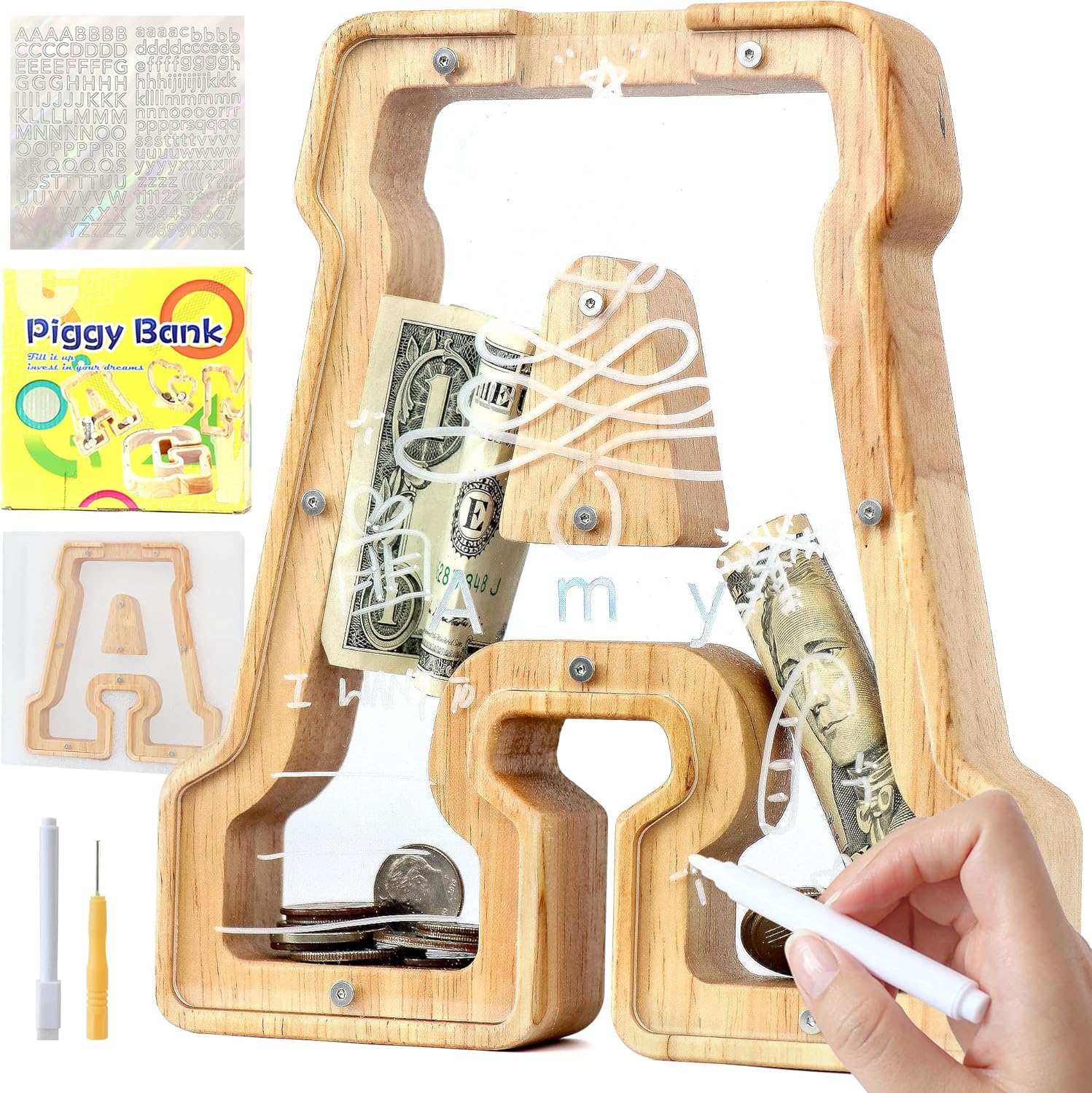 Thumbnail 6 de Mikytoper Letter Money Box for Kids: Wooden Personalized A-Z Piggy Bank
