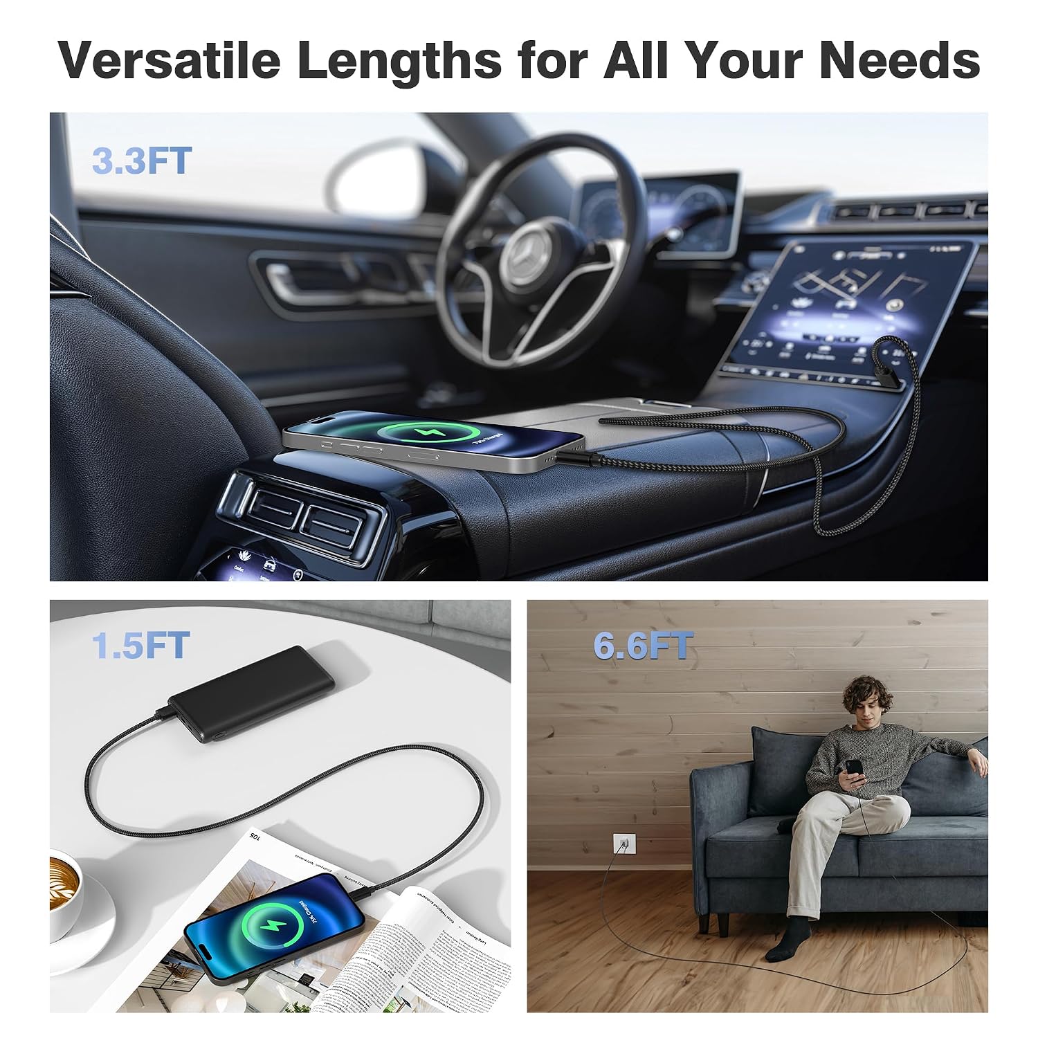 Detalle 2 de Elebase USB A to USB‑C Car Charger Cable 3‑Pack for iPhone 17 Pro Max and More (0.5m / 1m / 2m)
