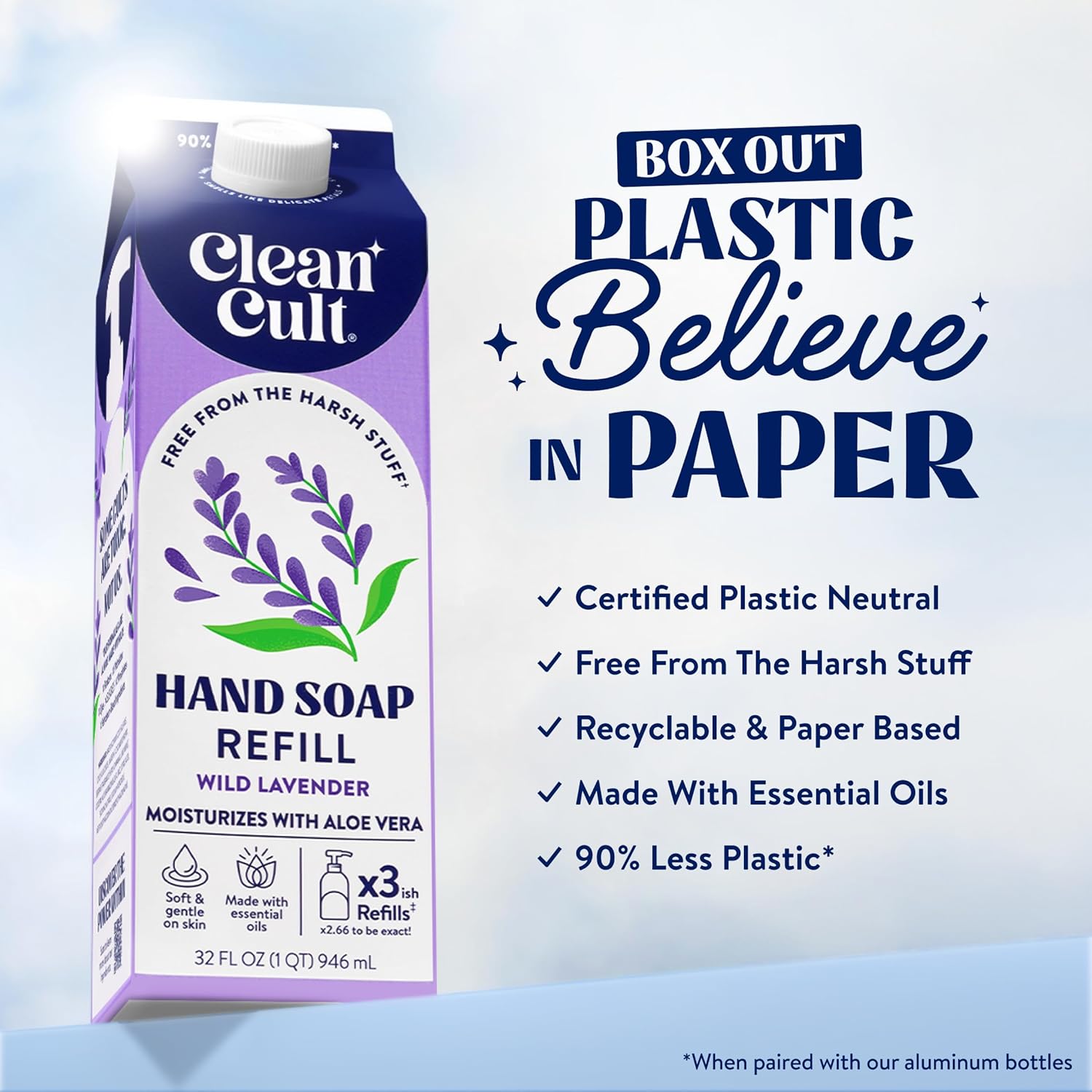 Detalle de Cleancult Liquid Hand Soap Refill (Wild Lavender) — Moisturizing Aloe & Lavender Essential Oils, 32 oz