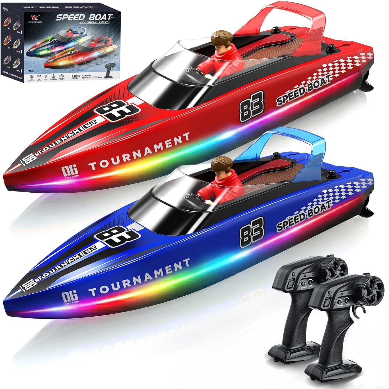 YESHIN Ferngesteuertes Boot 2er Pack – 15 km/h, LED-Licht, Wasserdicht, 2,4 GHz Fernsteuerung