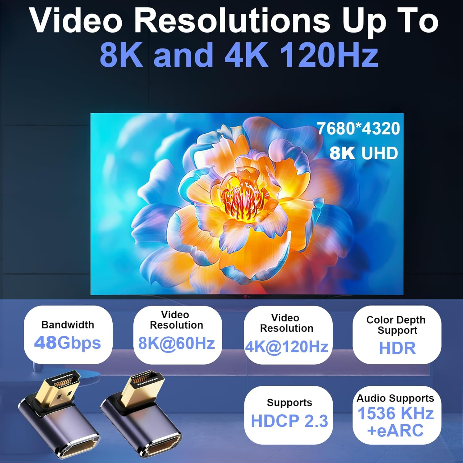 Thumbnail 3 de JUGCUT 2Pcs 8K HDMI 90 Degree Adapter – Right-Angle HDMI 2.1 (48Gbps) with LED Indicator