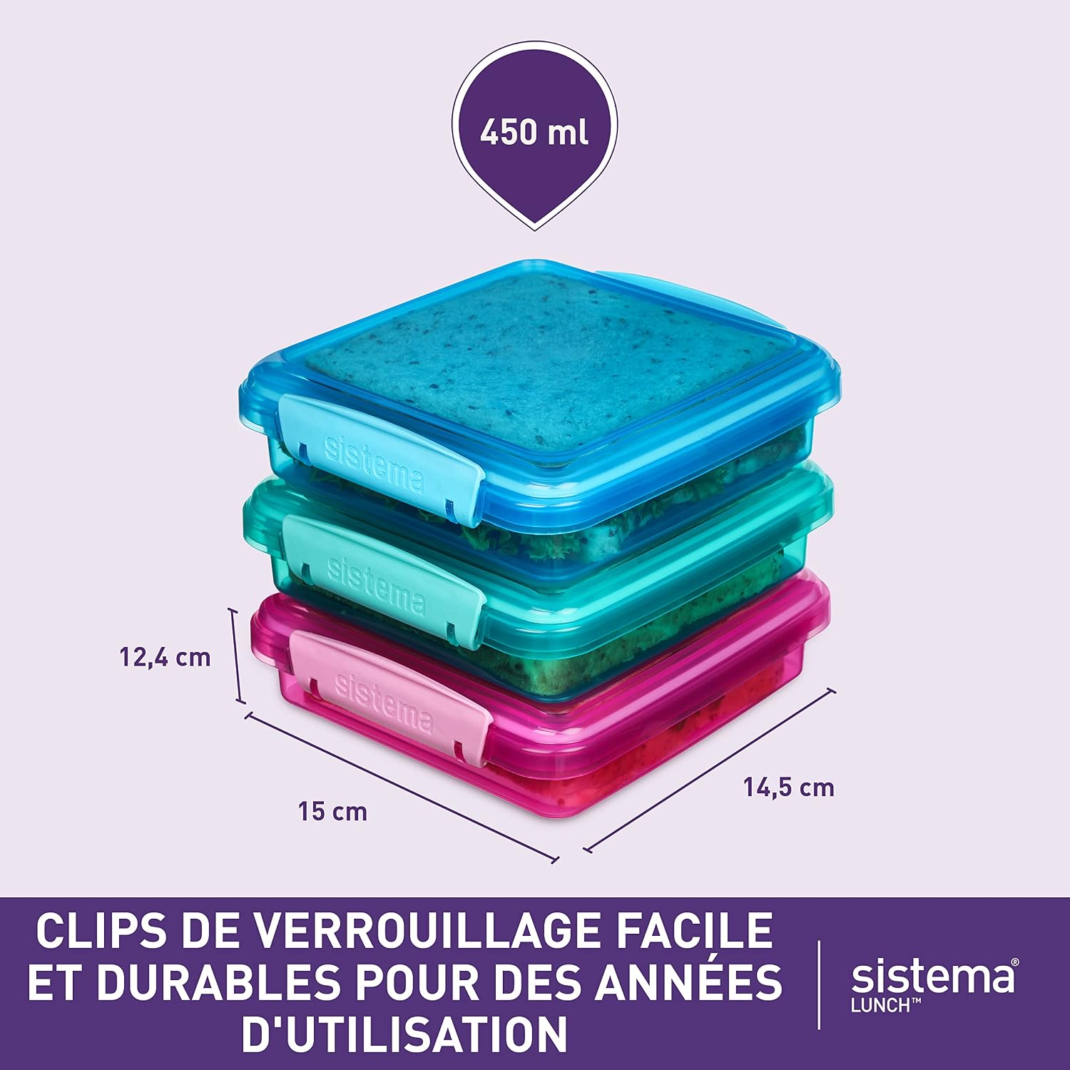 Detalle de Sistema Lunch boîtes à sandwich – Lot de 3 boîtes 450 ml, couleurs assorties