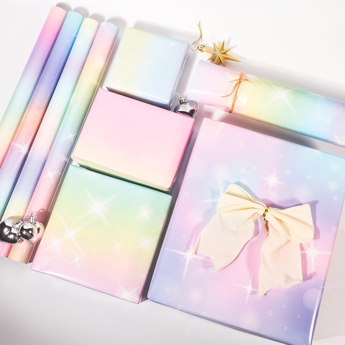 Thumbnail 3 de HBell Rainbow Wrapping Paper Roll — 4 Rolls of 43cm x 3m Pastel Rainbow Designs