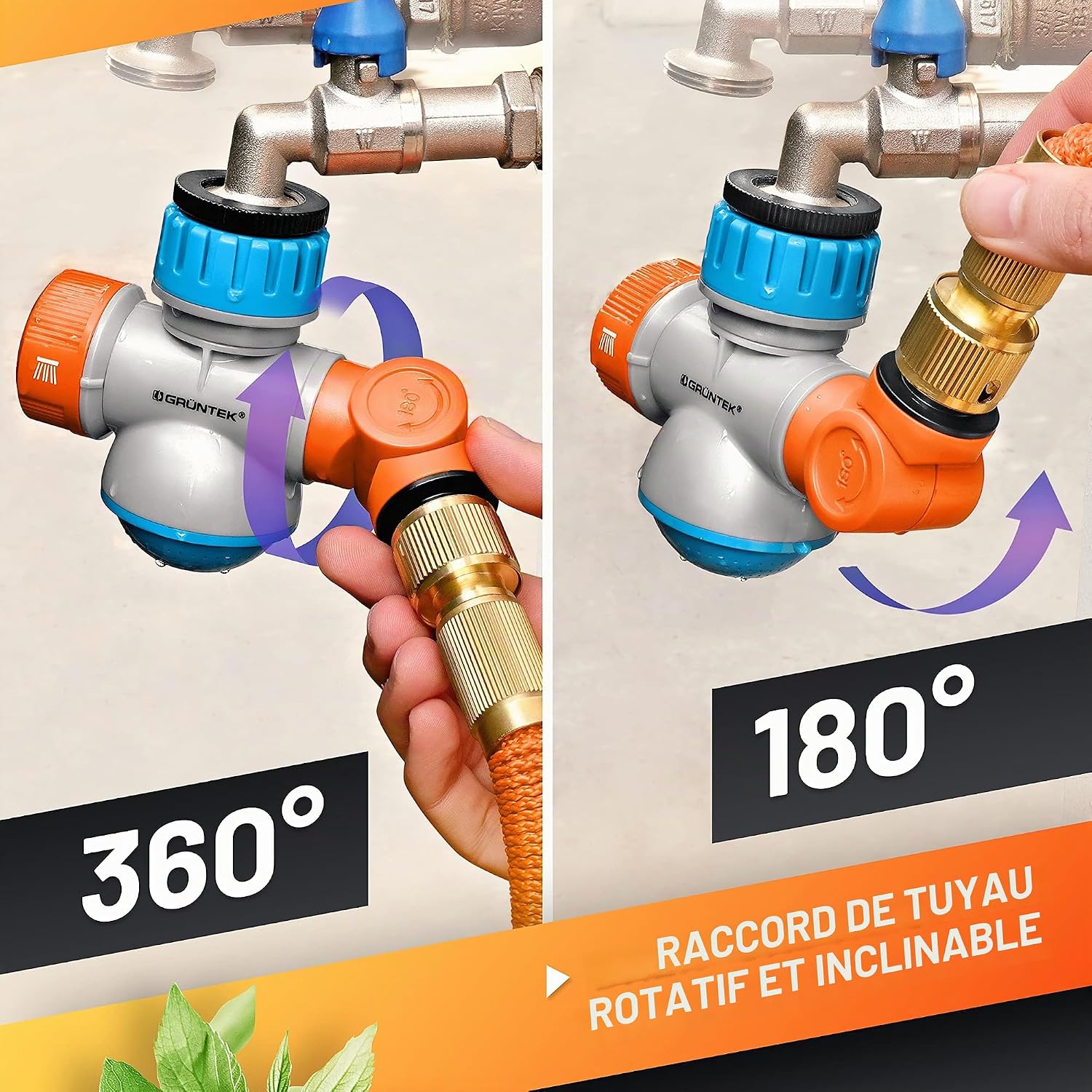 Detalle de GRÜNTEK Adaptateur Robinet/Raccord Tuyeux Arrosage avec 2 Jets orientables à 180°