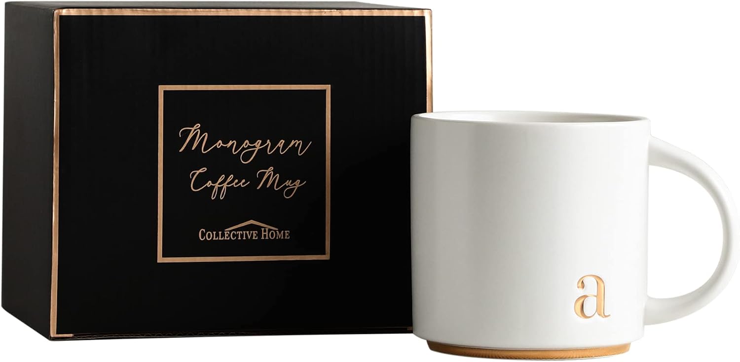 Thumbnail 4 de COLLECTIVE HOME Monogram Ceramic Mugs (15 oz) – Golden Initial Alphabet Coffee Cups with Gift Box