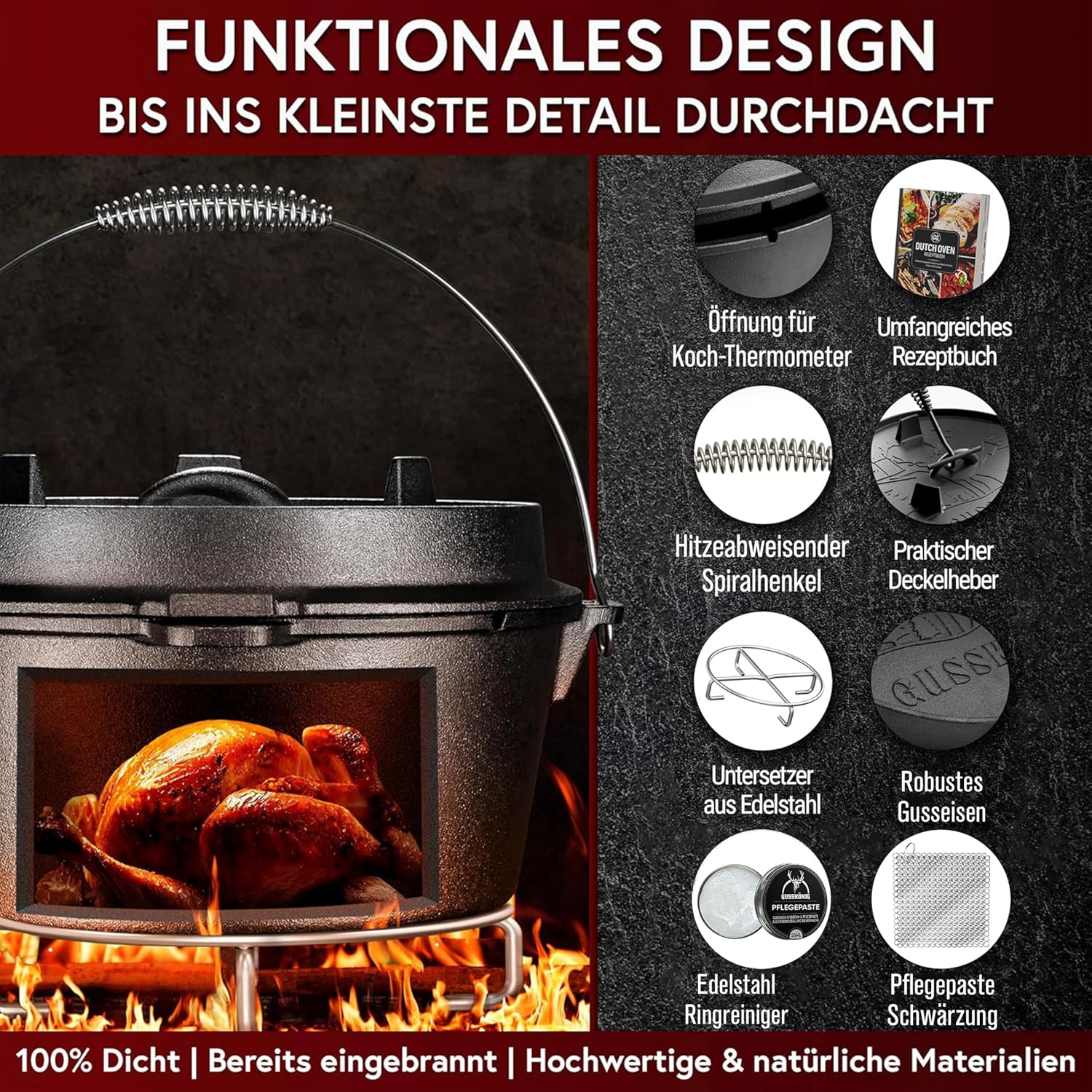Detalle de GUSSKÖNIG Essential Line Dutch Oven Set 7,5 L – sofort einsatzbereit inkl. Zubehör (3–6 Personen)
