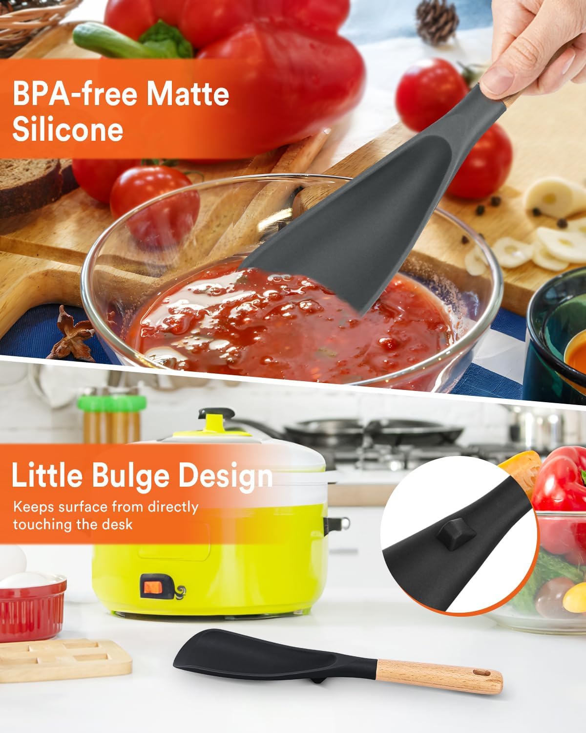 Detalle de Cooking Spoon for Nonstick Cookwares with Wood Handle – 11.4 inch, BPA-Free Matte Silicone