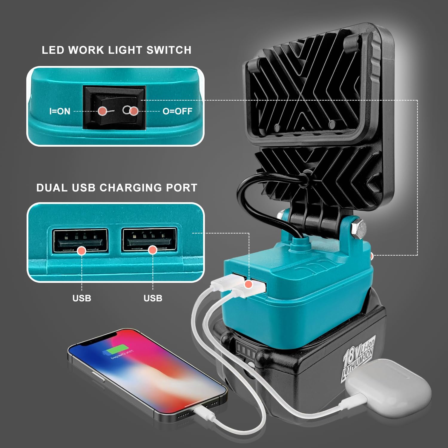 Thumbnail 2 de Tragbare LED Akku-Lampe für Makita 14,4–18 V LXT (48 W, 4.800 lm) mit Dual-USB-Ladeanschluss