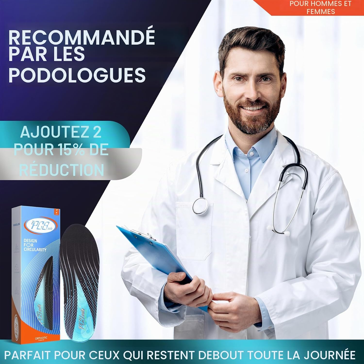 Detalle 2 de PCSsole Semelles Orthopédiques – Soutien de voûte renforcé pour fasciite plantaire et confort quotidien
