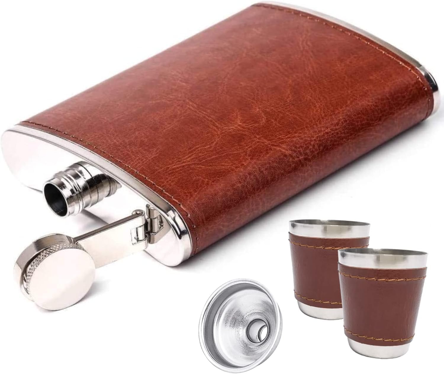 Detalle de Hip Flask Set with Funnel and Shot Glasses, 8 oz Stainless Steel & PU Leather – Leak-Proof, Brown (Holy Water) – Ideal Gift