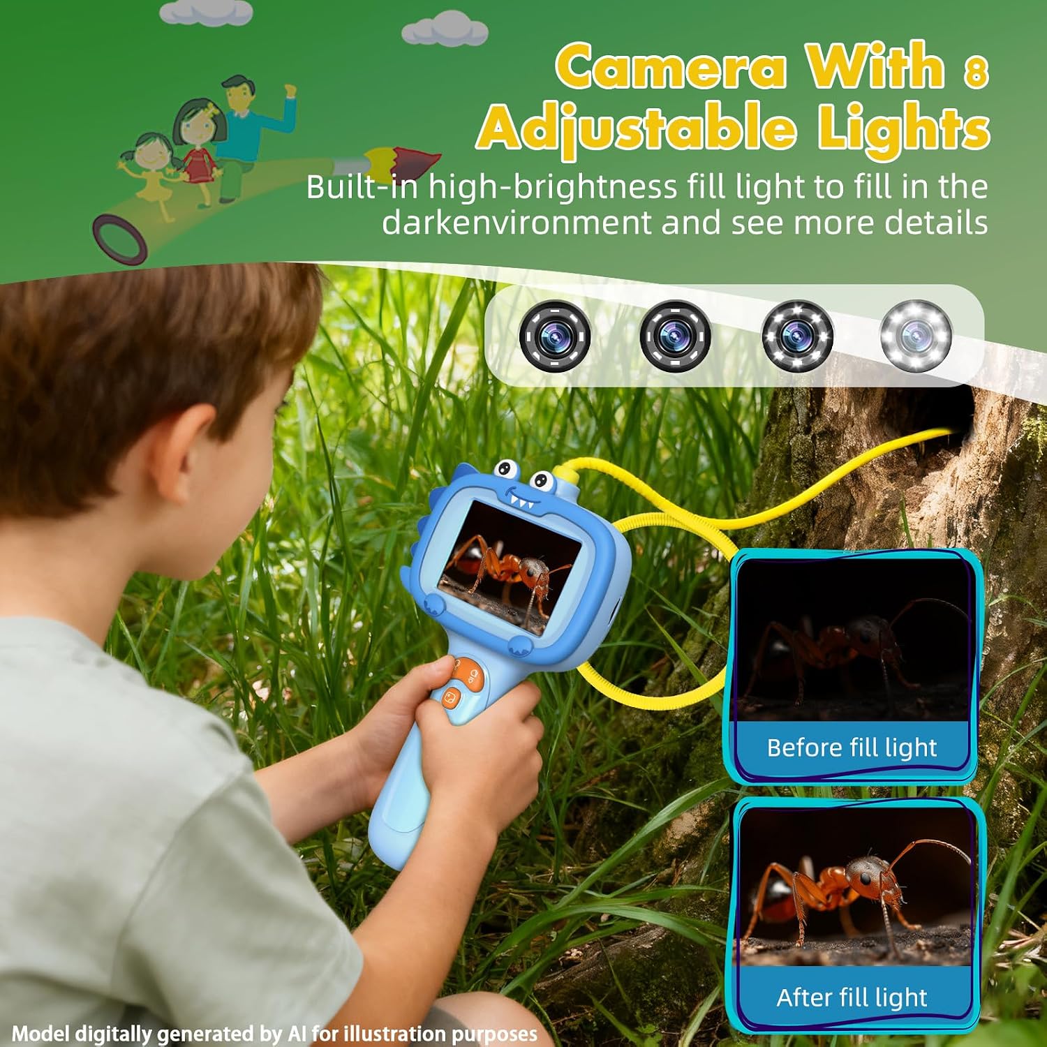 Detalle de Daxiongmao Kids Borescope Camera with 2.4-Inch Screen, 8 LEDs and 2.6-Foot Flexible Tube
