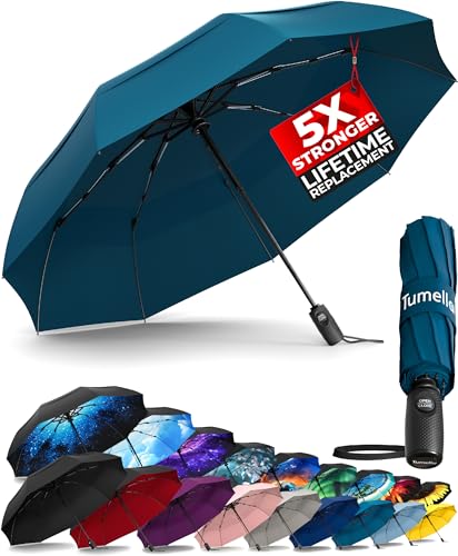 Detalle de TUMELLA Strongest Windproof Travel Umbrella (Petrol Blue) – Compact, Lightweight and Automatic