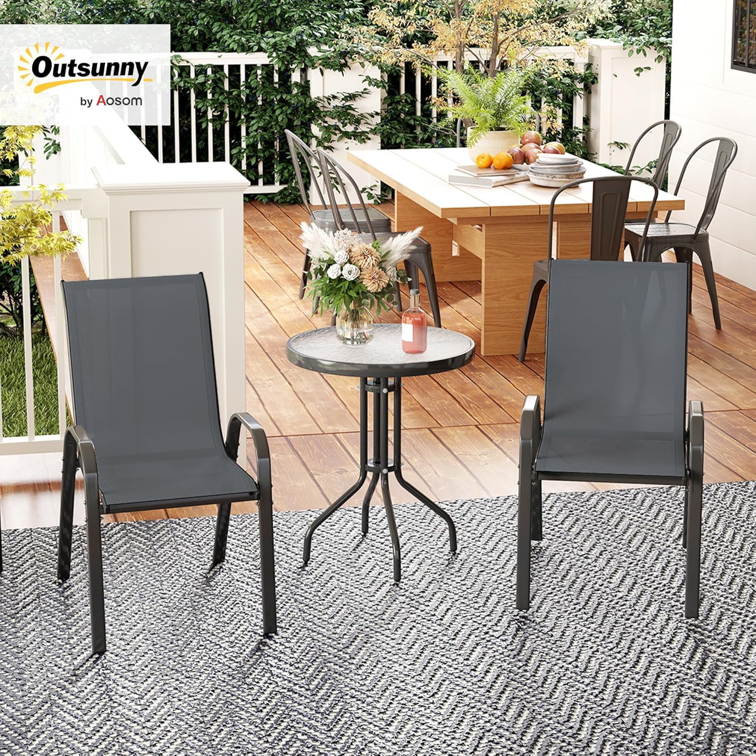 Thumbnail 1 de Outsunny Salon de Jardin Extérieur 3 Pièces — 2 Fauteuils Empilables + Table Basse en Verre Trempé, Gris Foncé