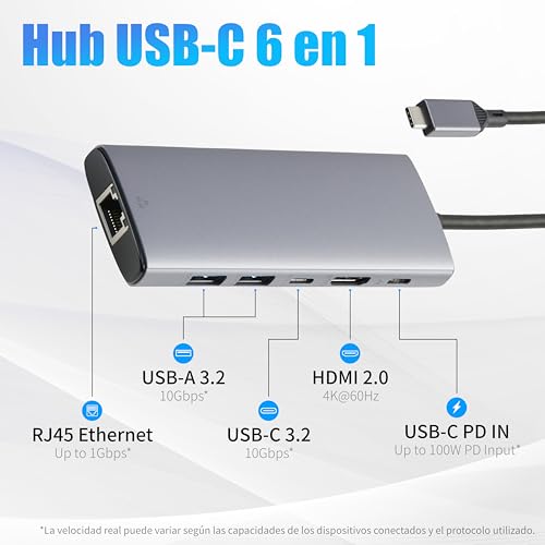 Detalle 2 de Amazon Basics 6 en 1 Concentrador USB 3.1, HDMI 4K