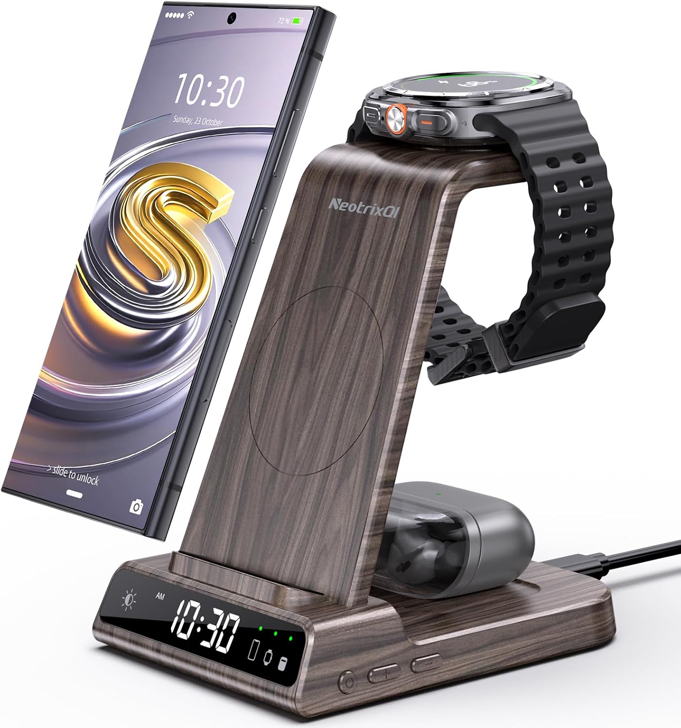 Detalle de Station de charge induction 3 en 1 Samsung (S25 Ultra, Galaxy Watch, Galaxy Buds 2) avec horloge digitale