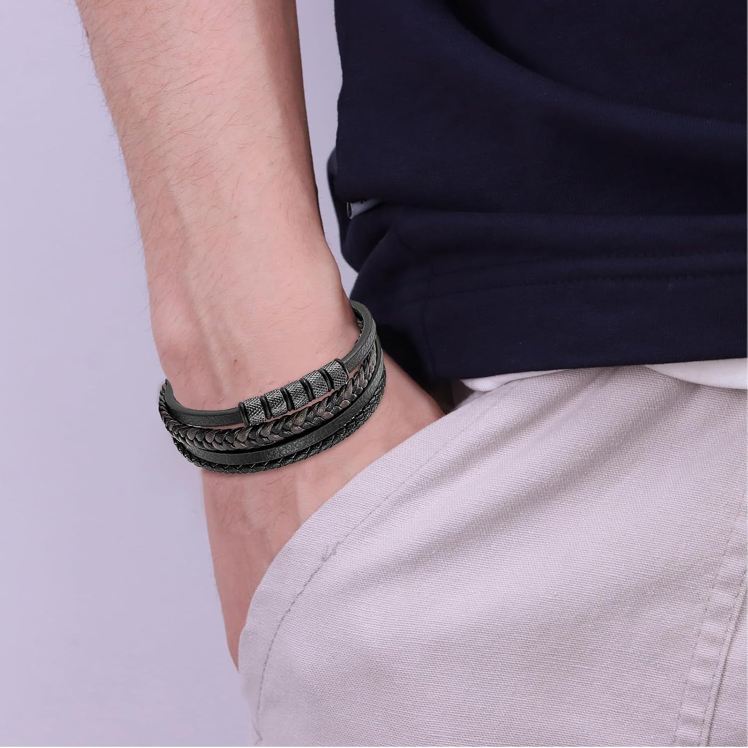 Detalle de JSNOM Herren Lederarmband aus echtem Rindsleder mit 316L-Edelstahl und Größenwahl
