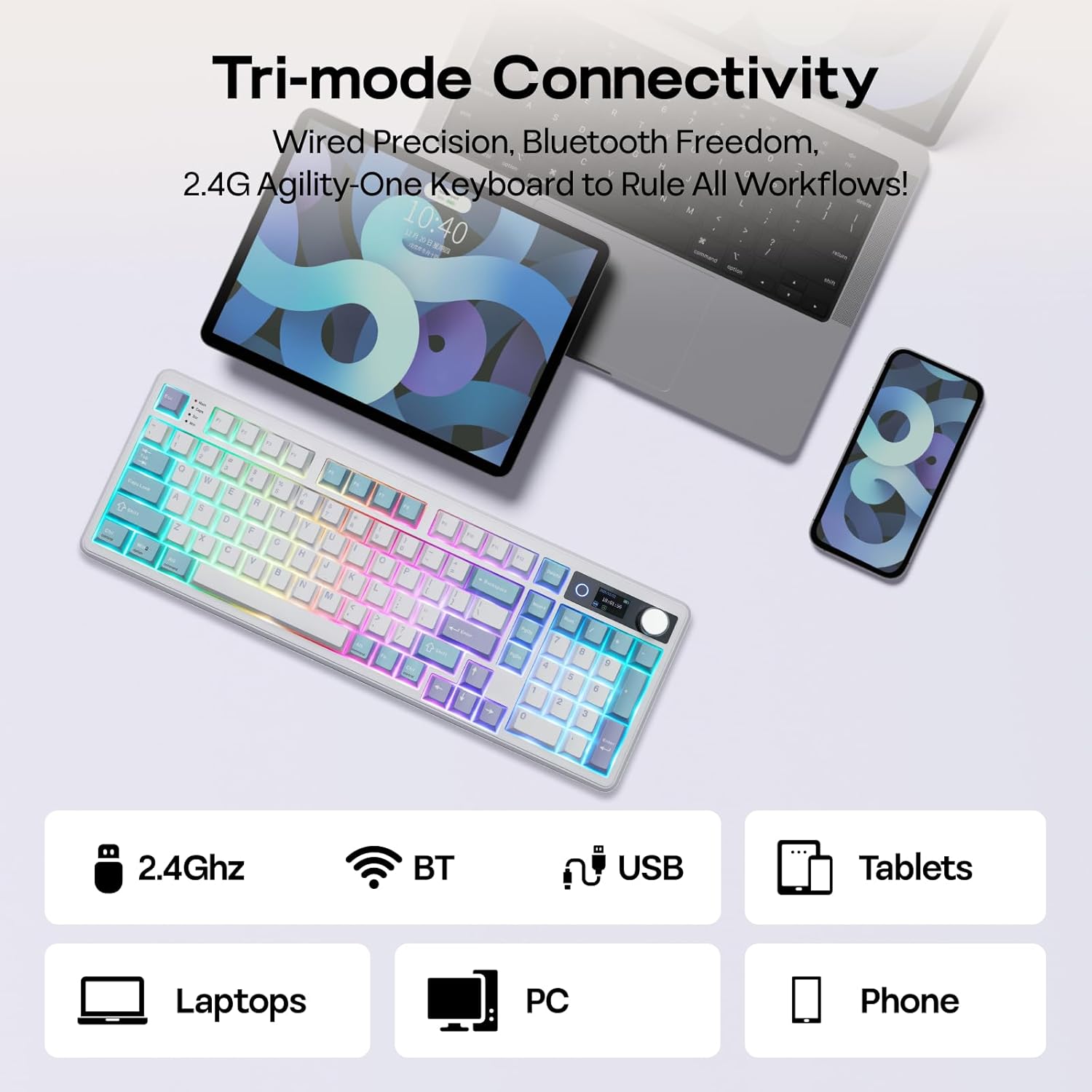 Detalle de EPOMAKER TH99 Pro 96% Mechanical Keyboard with Screen & Knob (Hot-Swap, Wireless 2.4G/Bluetooth) — Blue & White Creamy Jade