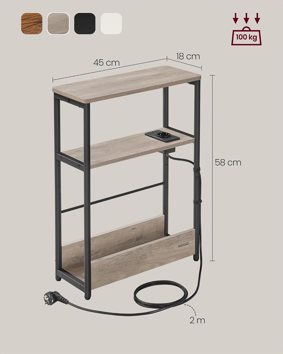 Detalle de VASAGLE Tavolino con Multipresa a 3 Ripiani LET335K05: salvaspazio, carica integrata e stile moderno