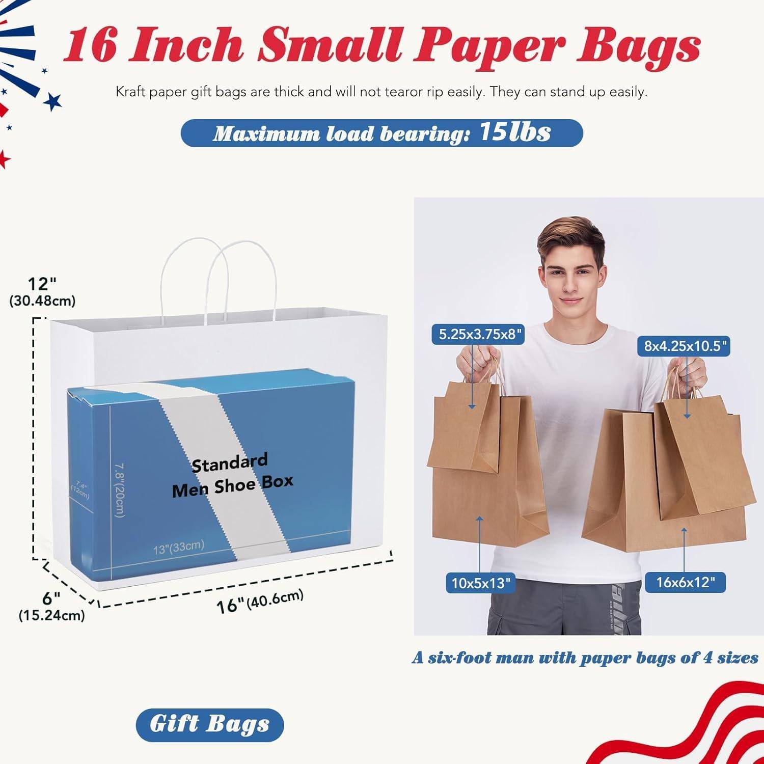 Thumbnail 1 de GSSUSA Large White Paper Bags 16x6x12" (200 Pcs) with Handles — Recycled Kraft Gift Bags for Business & Events