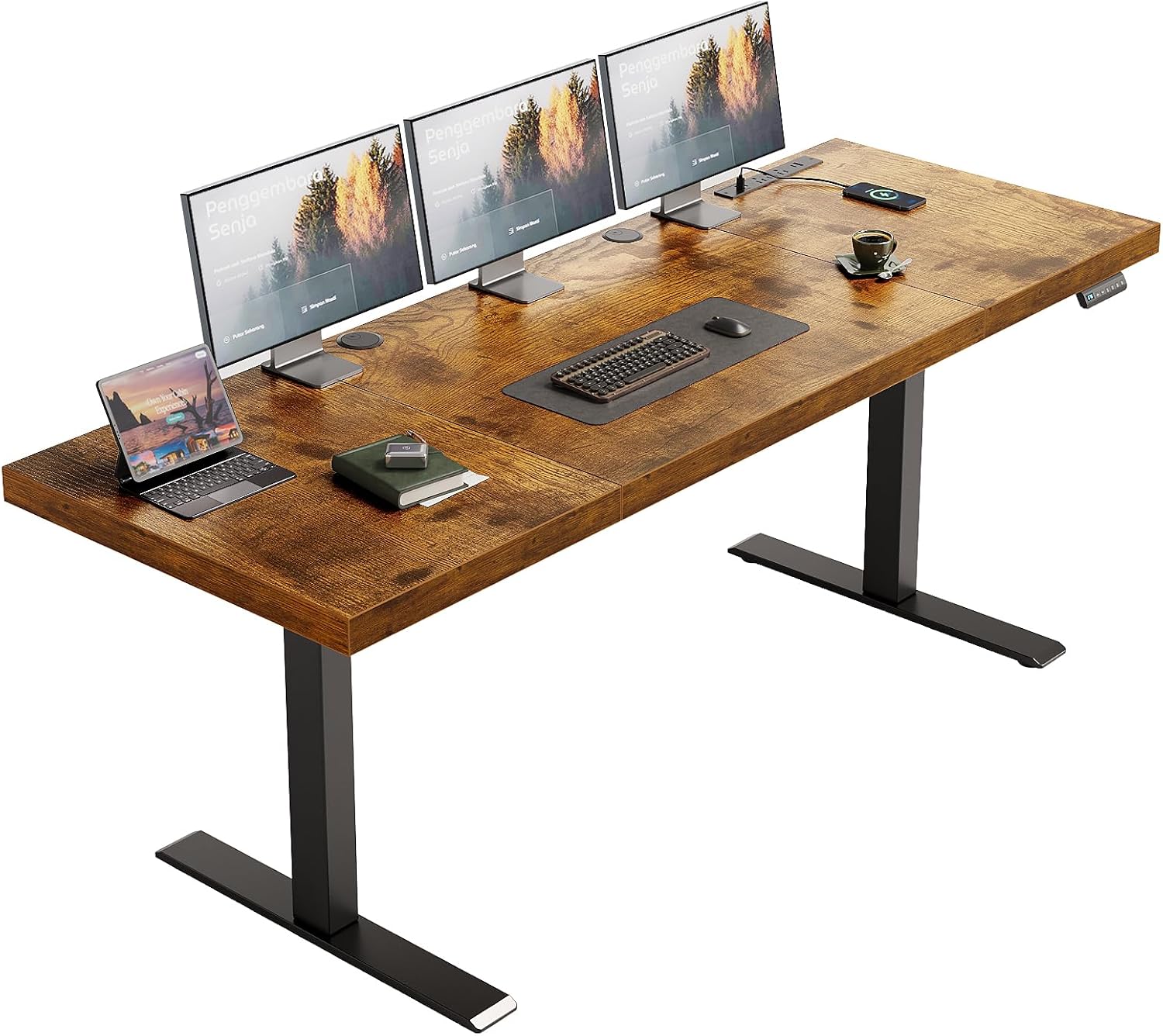 Detalle de OffiGo 71-Inch Executive Electric Standing Desk, Rustic Brown, 3 Presets