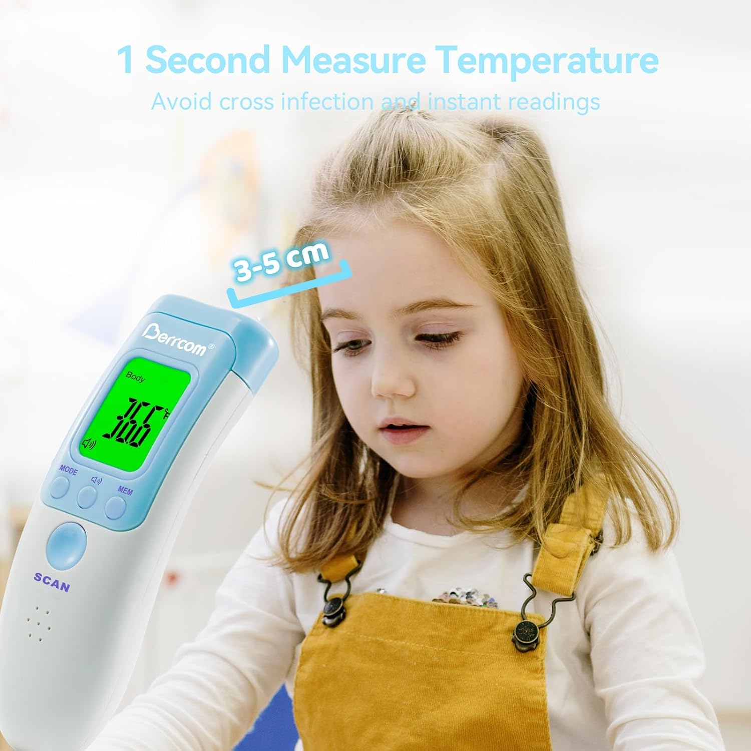 Detalle de Berrcom Fieberthermometer Kontaktlos Stirnthermometer – Infrarot 3-in-1, Fieberalarm, LCD Anzeige