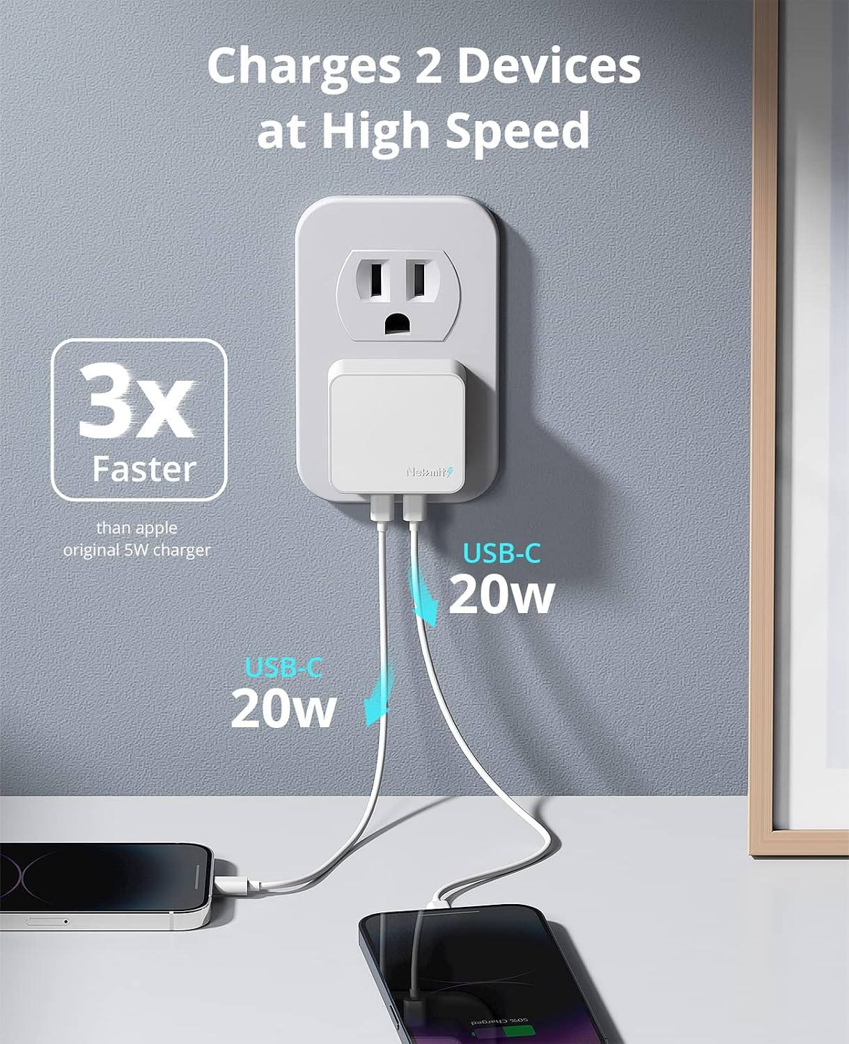 Detalle de Nekmit Dual Port 40W USB-C Wall Charger with GaN II | 2 PD Ports for iPhone, MacBook Air, Galaxy & More