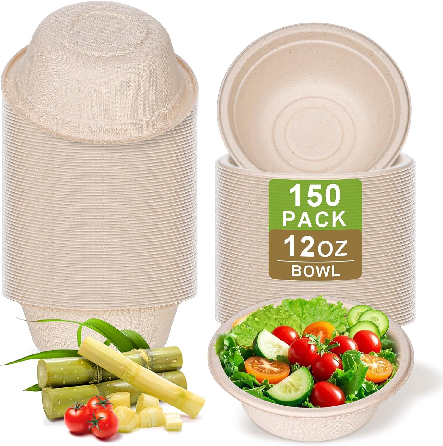 Detalle de DI QIU REN 12 oz Compostable Bagasse Bowls, Brown, 150-Pack