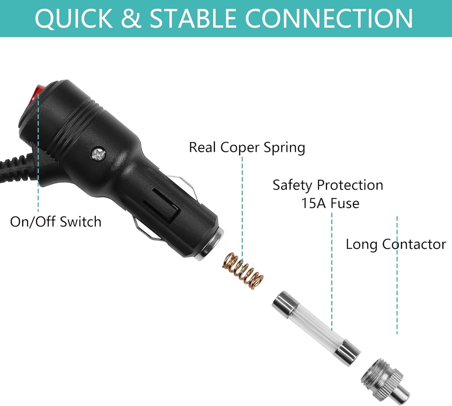 Thumbnail 3 de GELRHONR 6.5ft SAE to Cigarette Lighter Plug with Switch, 12V/24V adapter extension cable (15A fuse)